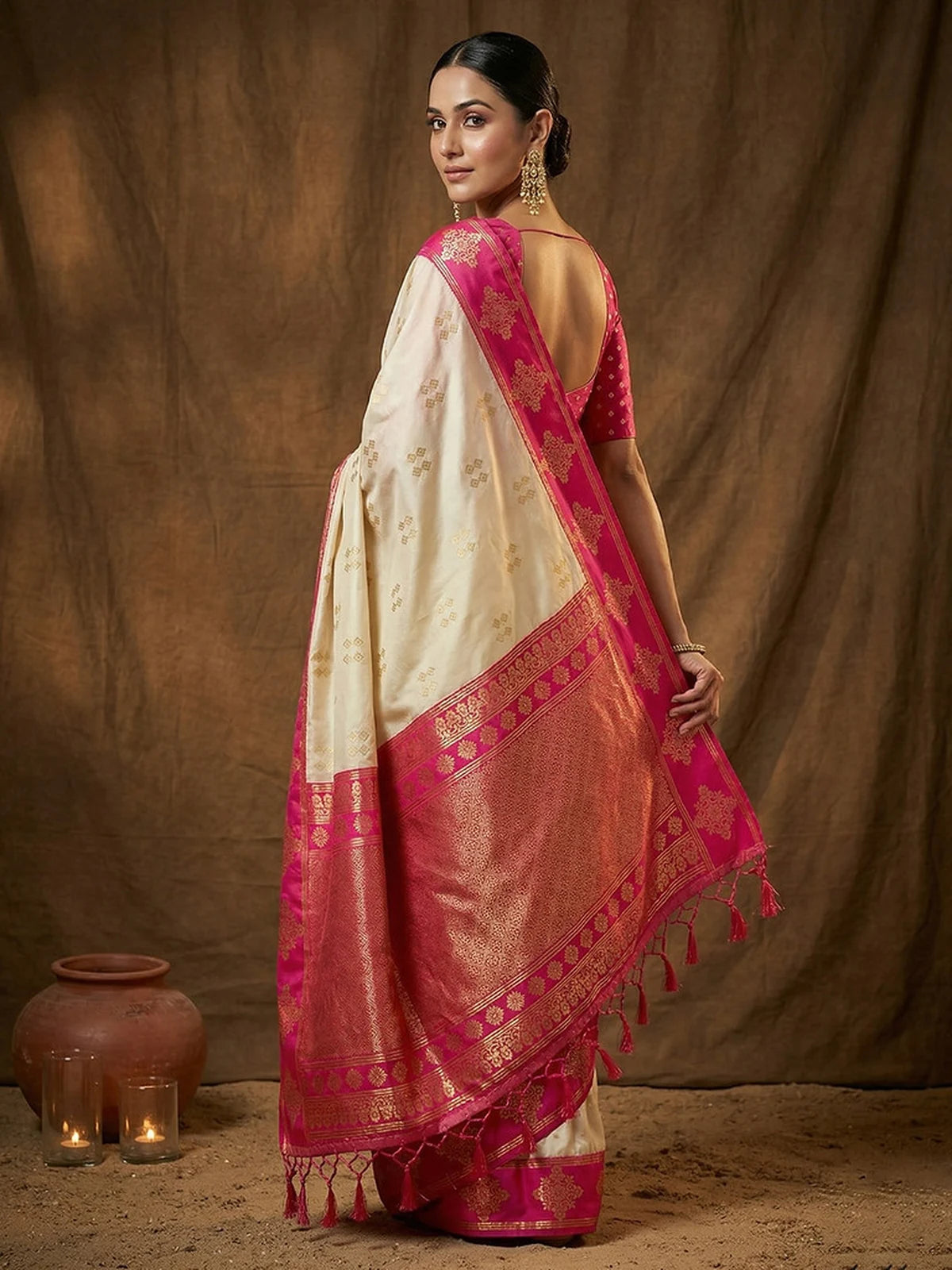 Tarani soft silk saree side view with elegant zari pallu and contrast blouse design