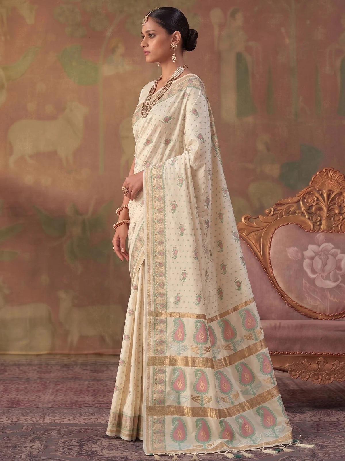 Tarani off white silk saree with zari weaving side view showing elegant drape