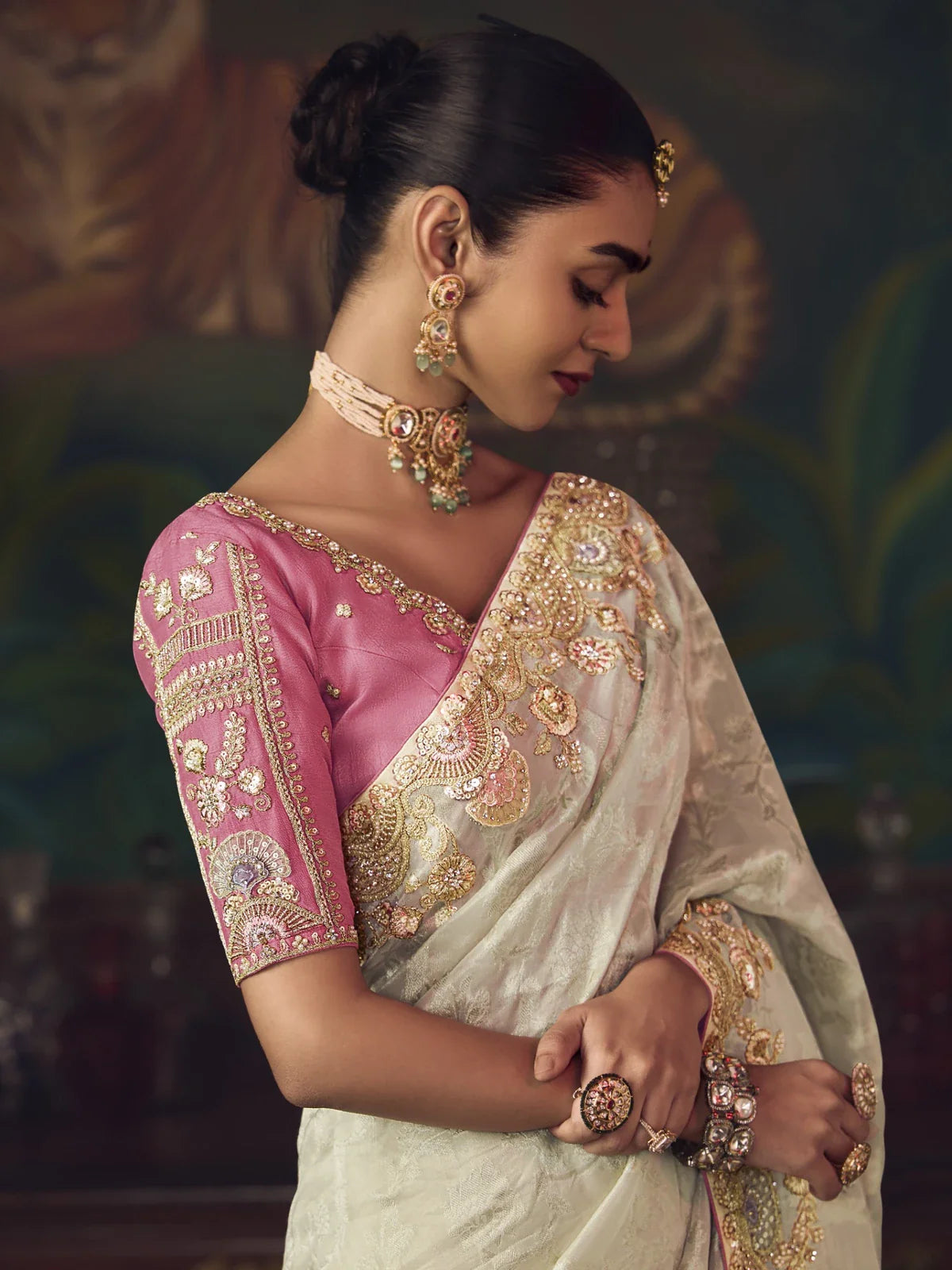 Tarani designer offwhite saree with pallu embroidery and intricate detailing for party looks