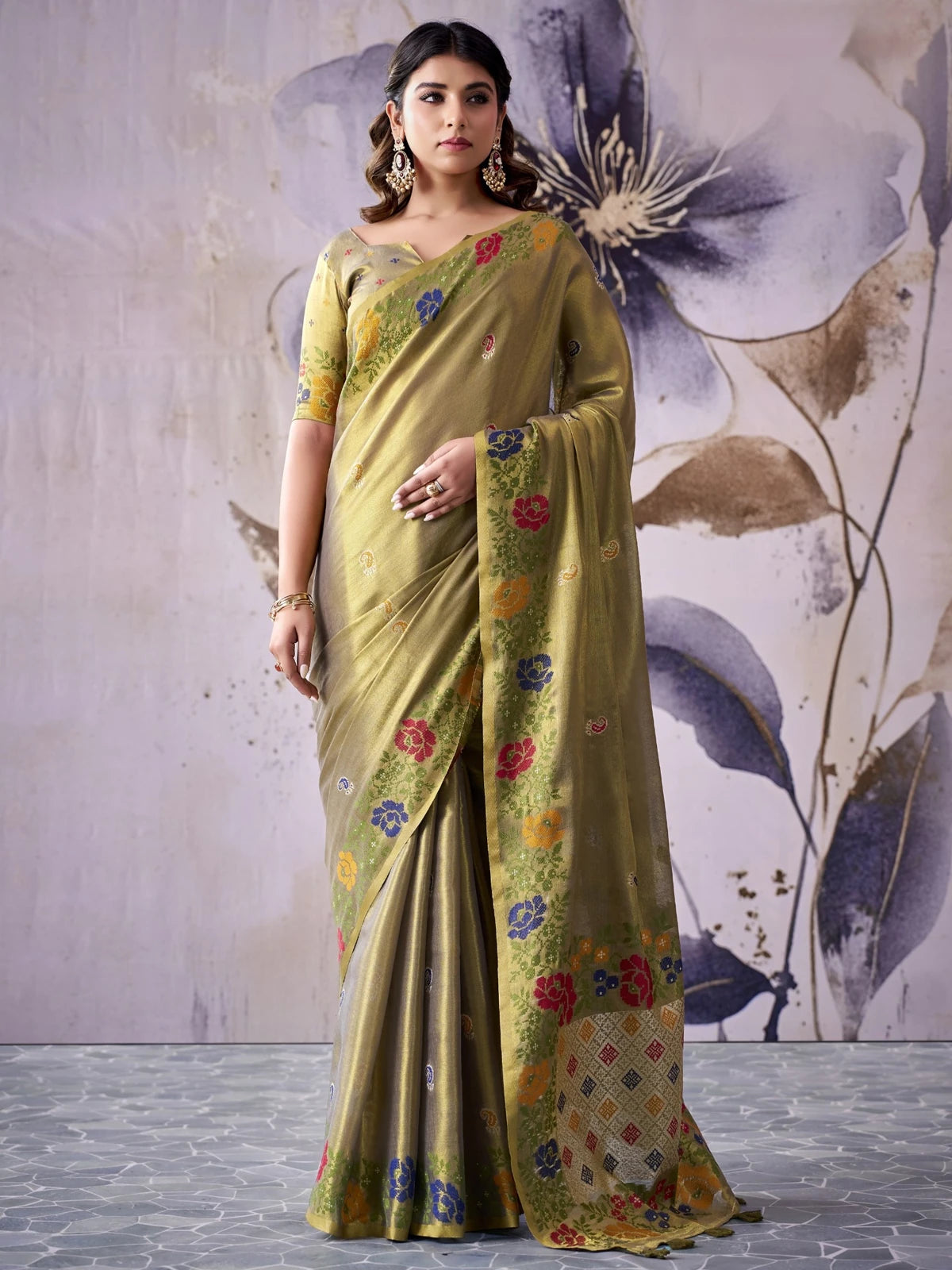 Tarani tissue silk olive saree with floral woven border full view