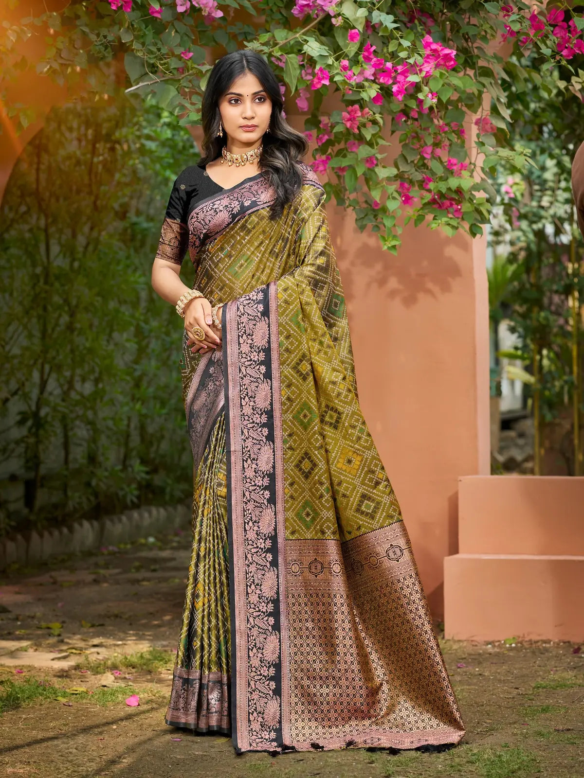 Tarani olive green soft silk saree with weaving work full view for festive and wedding wear