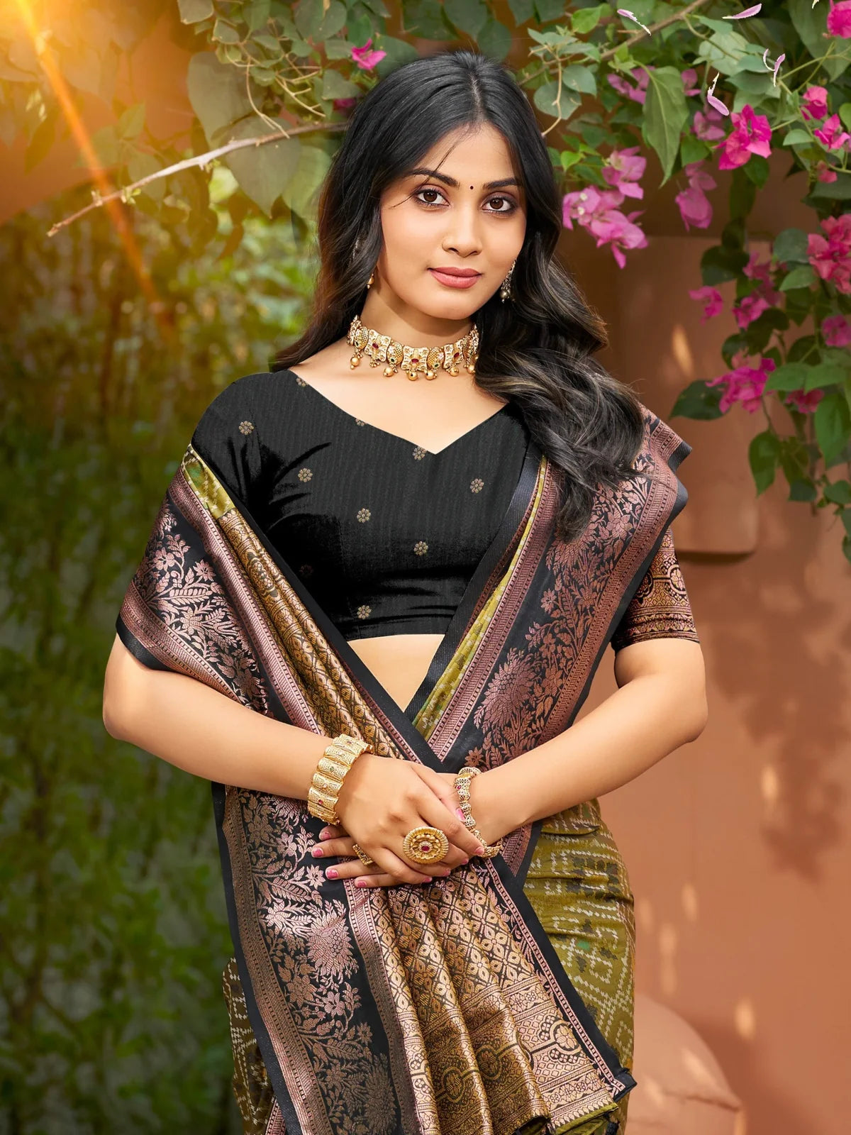 Tarani olive green soft silk saree upper body view with rich woven border and blouse detailing