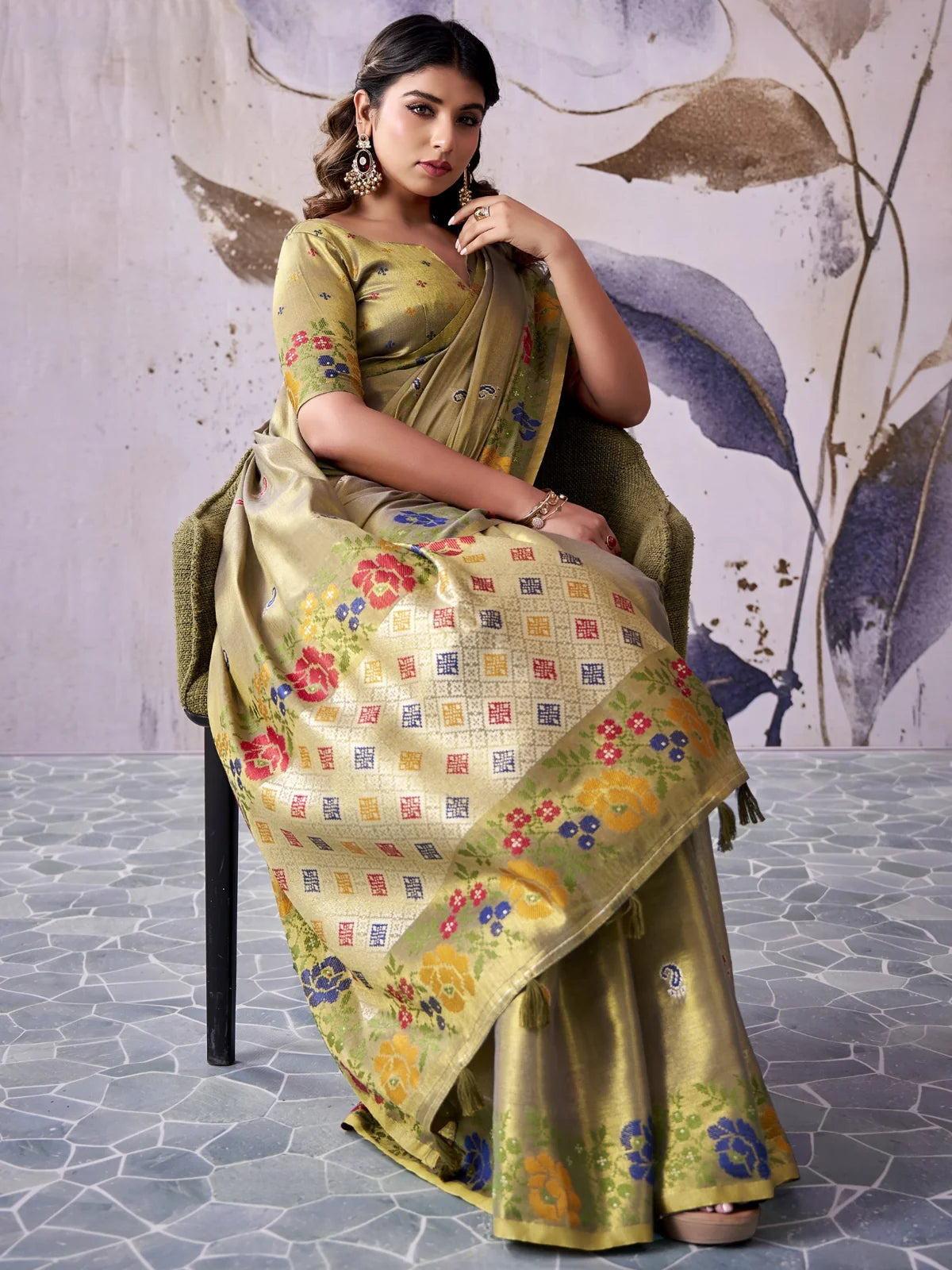 Tarani tissue silk olive saree with floral woven border pallu view