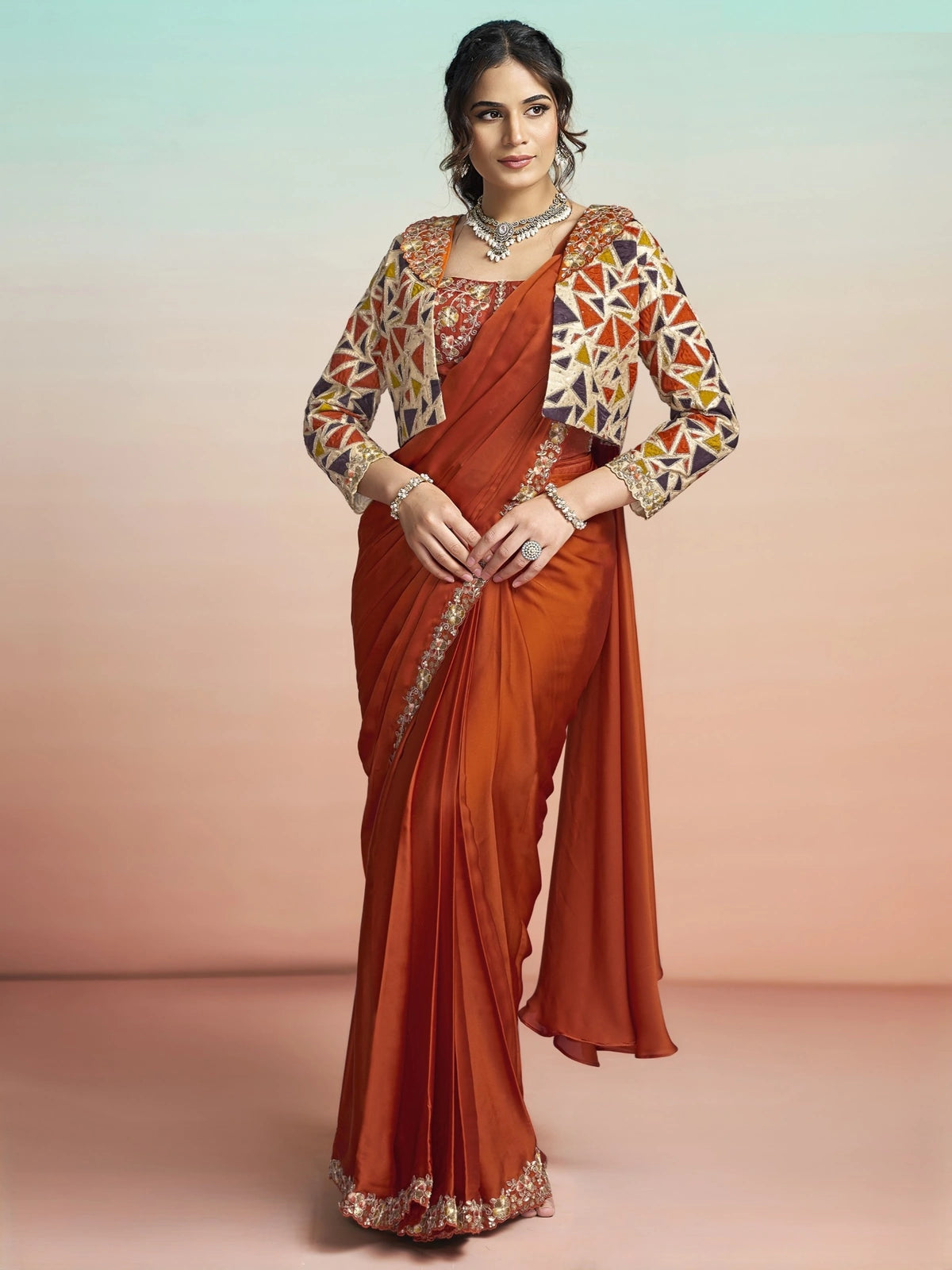 Tarani Kanta orange satin silk ready to wear saree full view with embroidered blouse and jacket