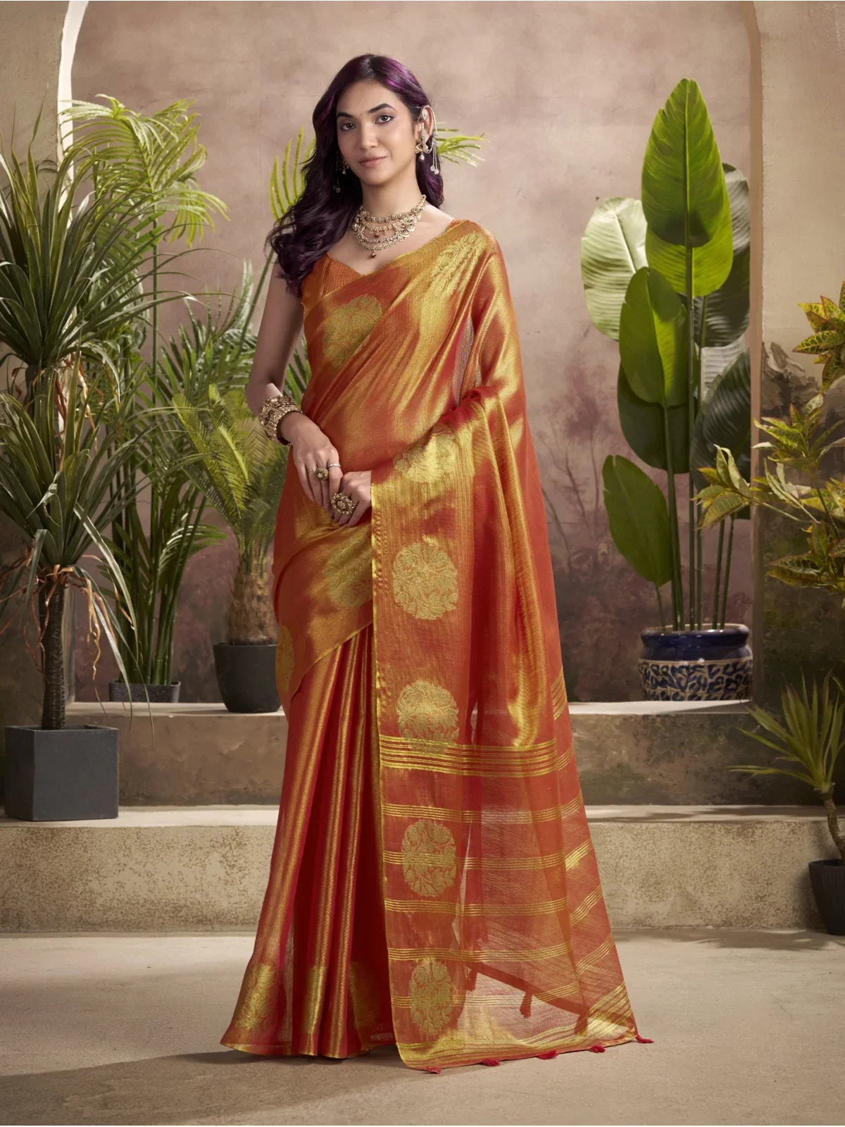 Tarani premium orange tissue silk saree with woven butta full view for festive occasions