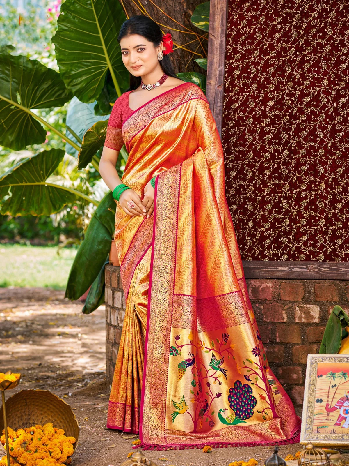 Tarani premium orange Kanjivaram silk saree full view with woven pallu and blouse piece