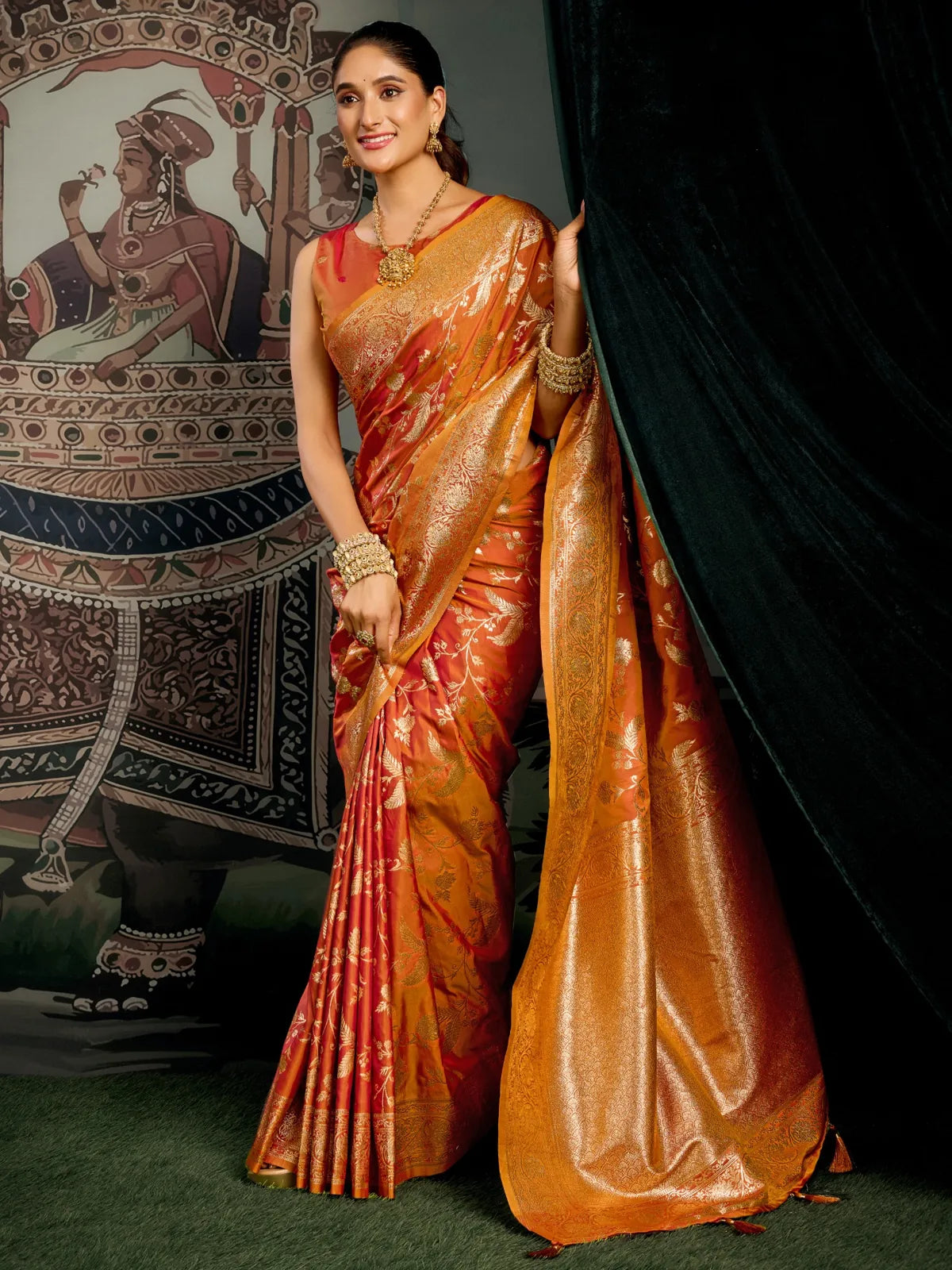 Tarani premium orange silk saree full view