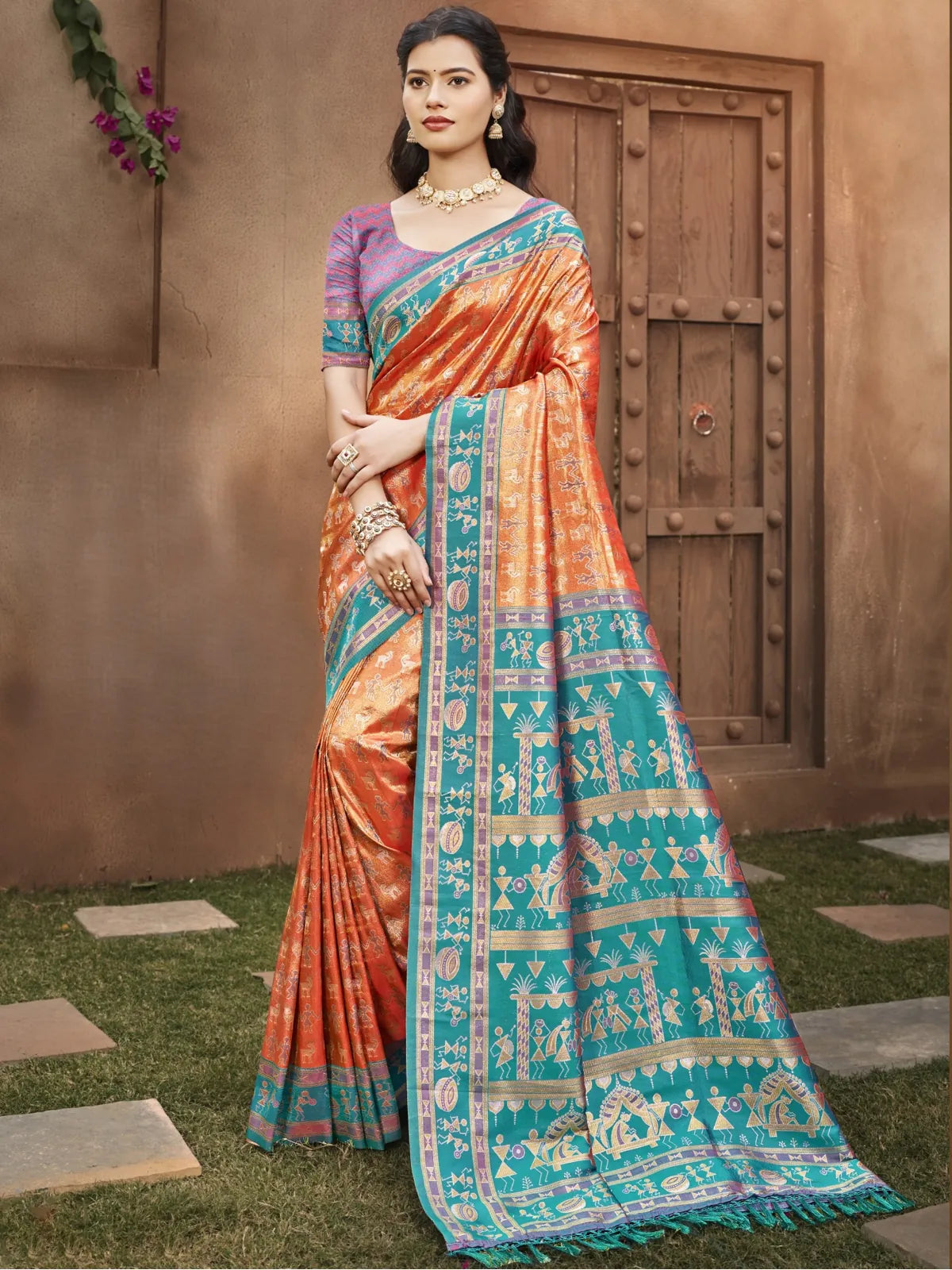 Tarani orange kanjivaram silk festive saree full view with traditional design