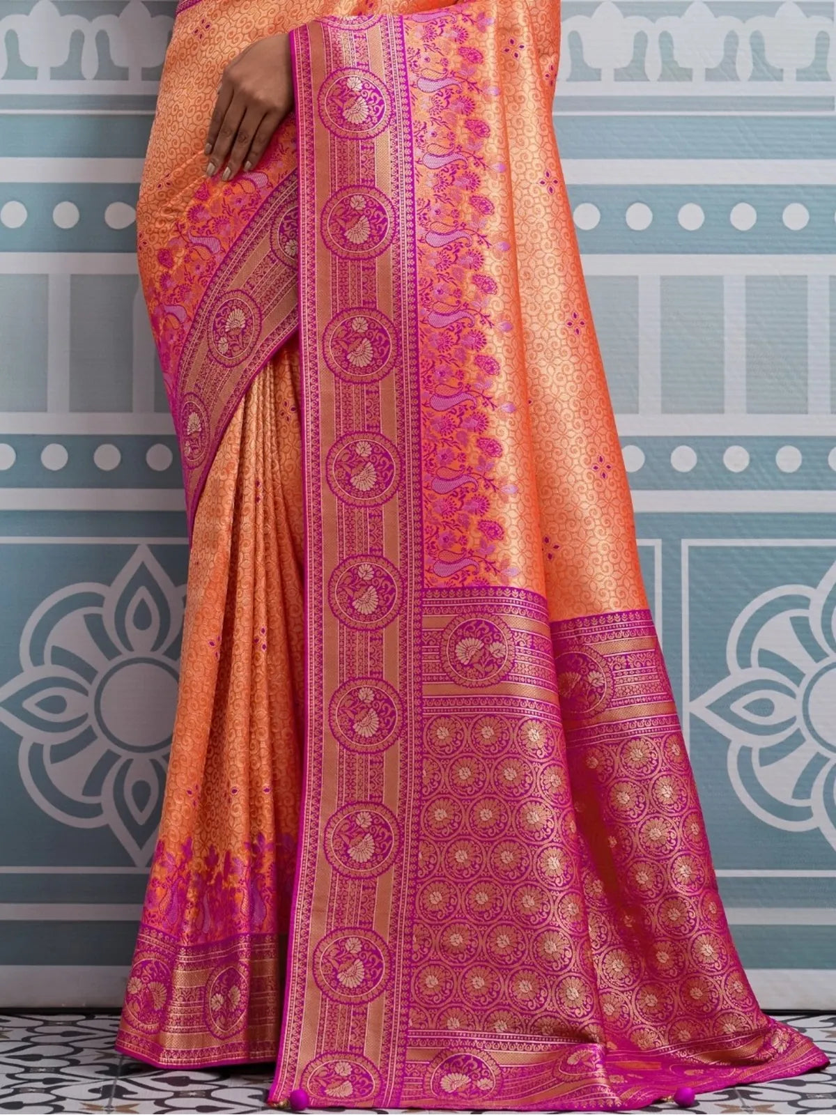Tarani orange silk saree with meenakari pattu and broad zari border detailed pallu view