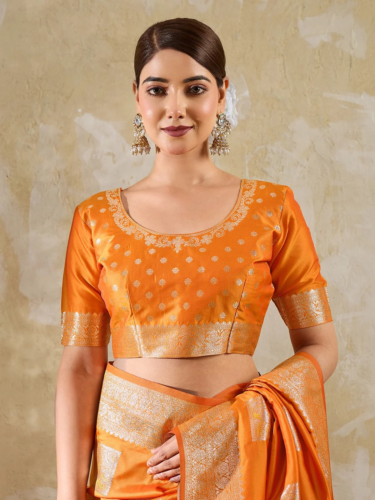 Tarani orange silk blend zari work saree upper body blouse detailing view