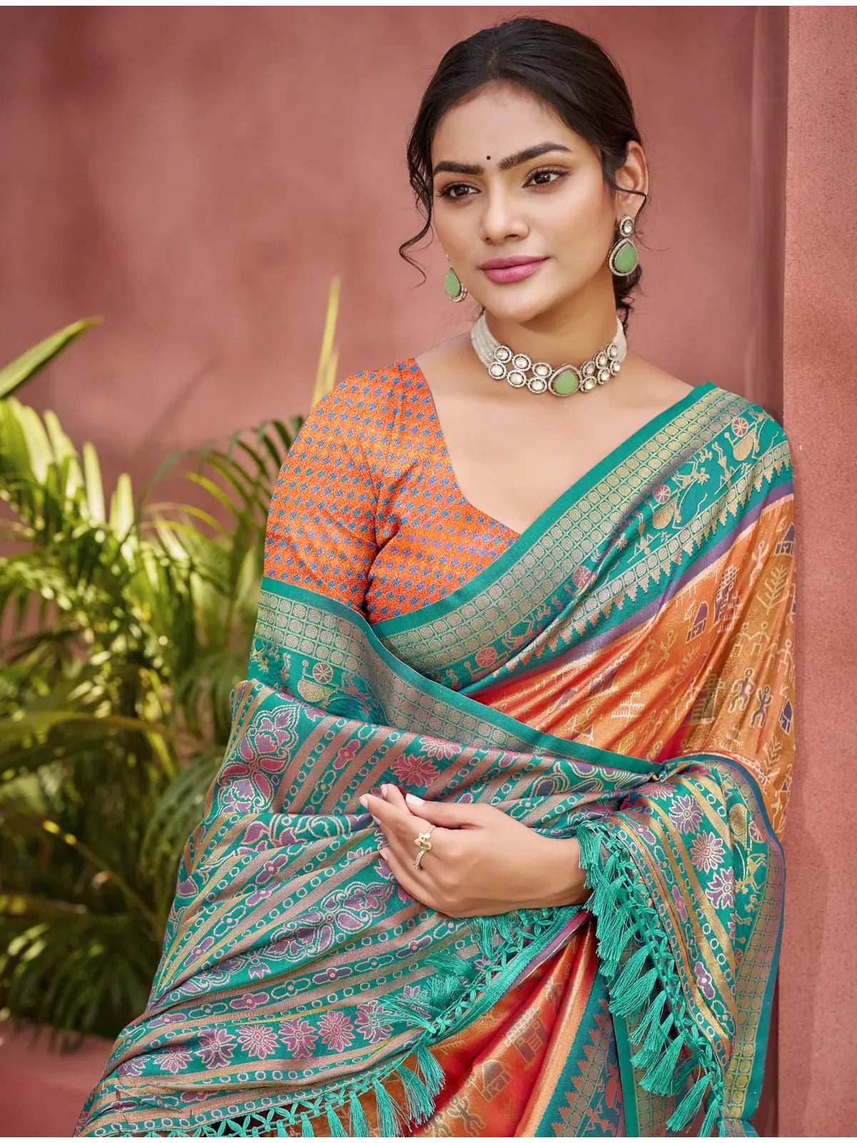 Tarani orange kanjivaram silk saree upper body view with blouse design