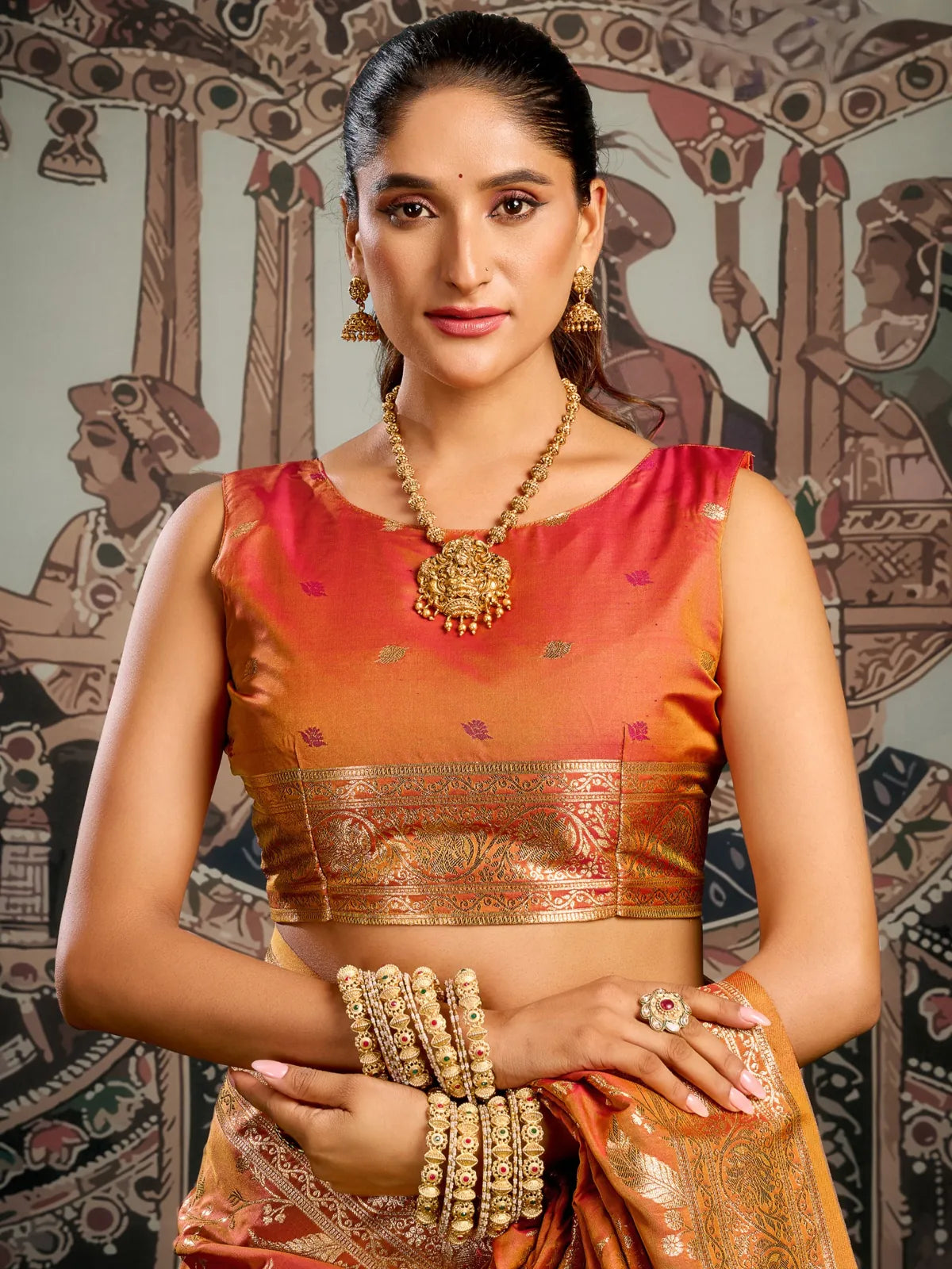 Tarani orange silk saree upper body view