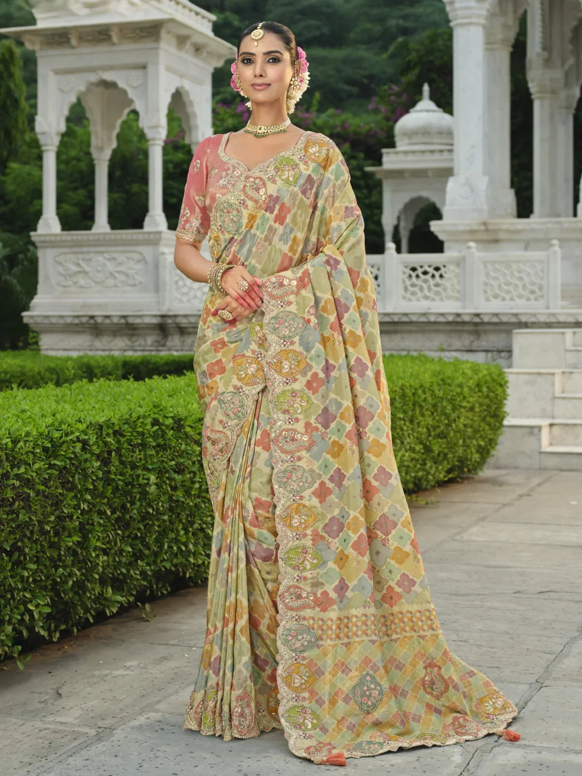 Tarani pastel designer silk saree full view with embroidery and zari blouse perfect for weddings