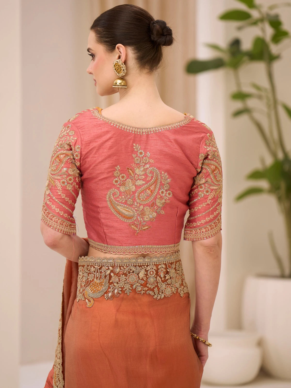 Tarani Sugandha back blouse view with embroidery design and dual shade silk saree styling