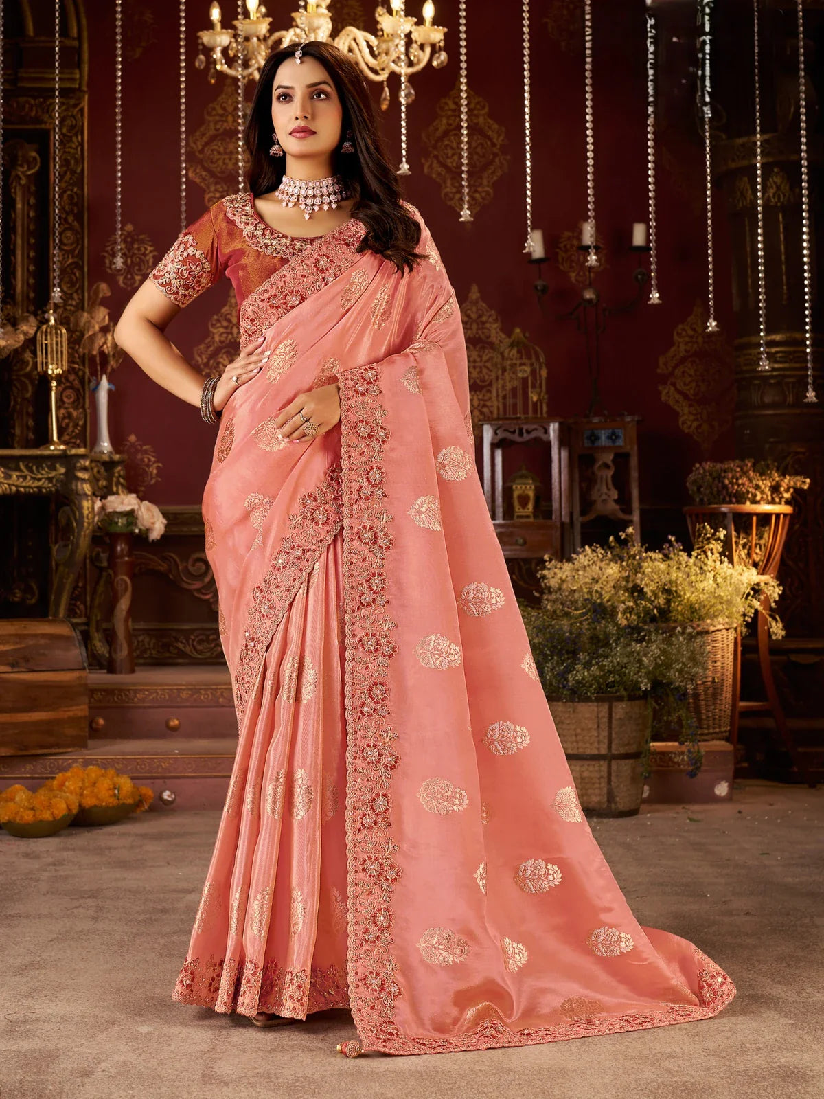 Tarani peach silk saree with zari embroidery border and designer blouse full view
