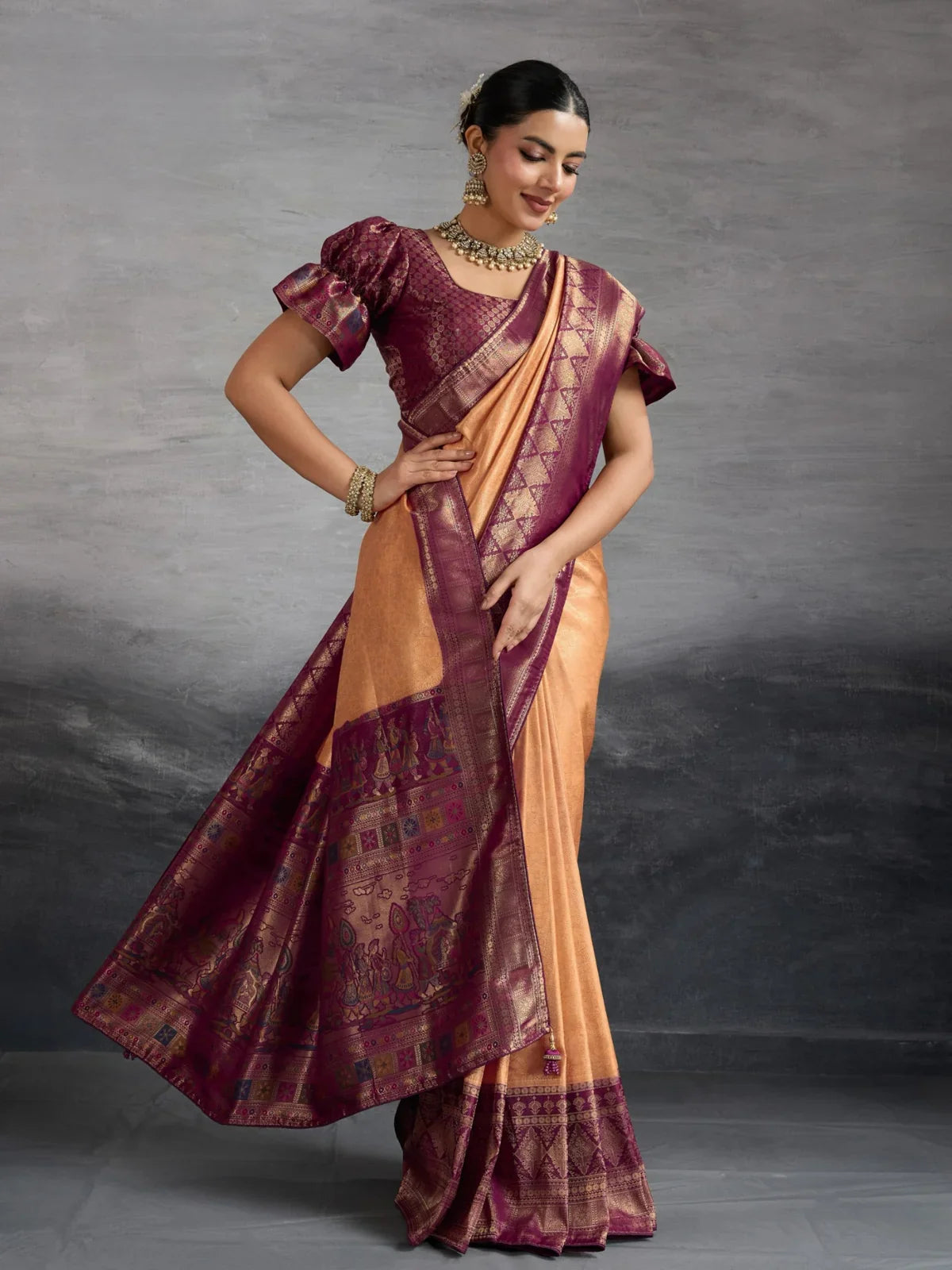 Tarani peach Kanjivaram silk saree with maroon zari pallu and brocade blouse full view