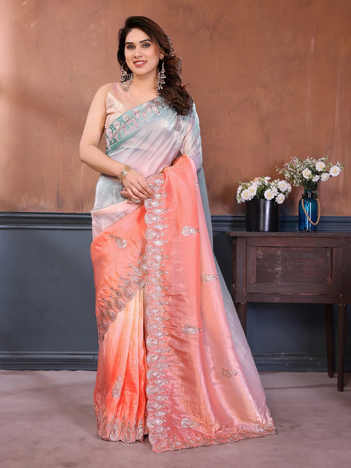 Tarani pastel peach gold crush silk saree with gota patti blouse in full view