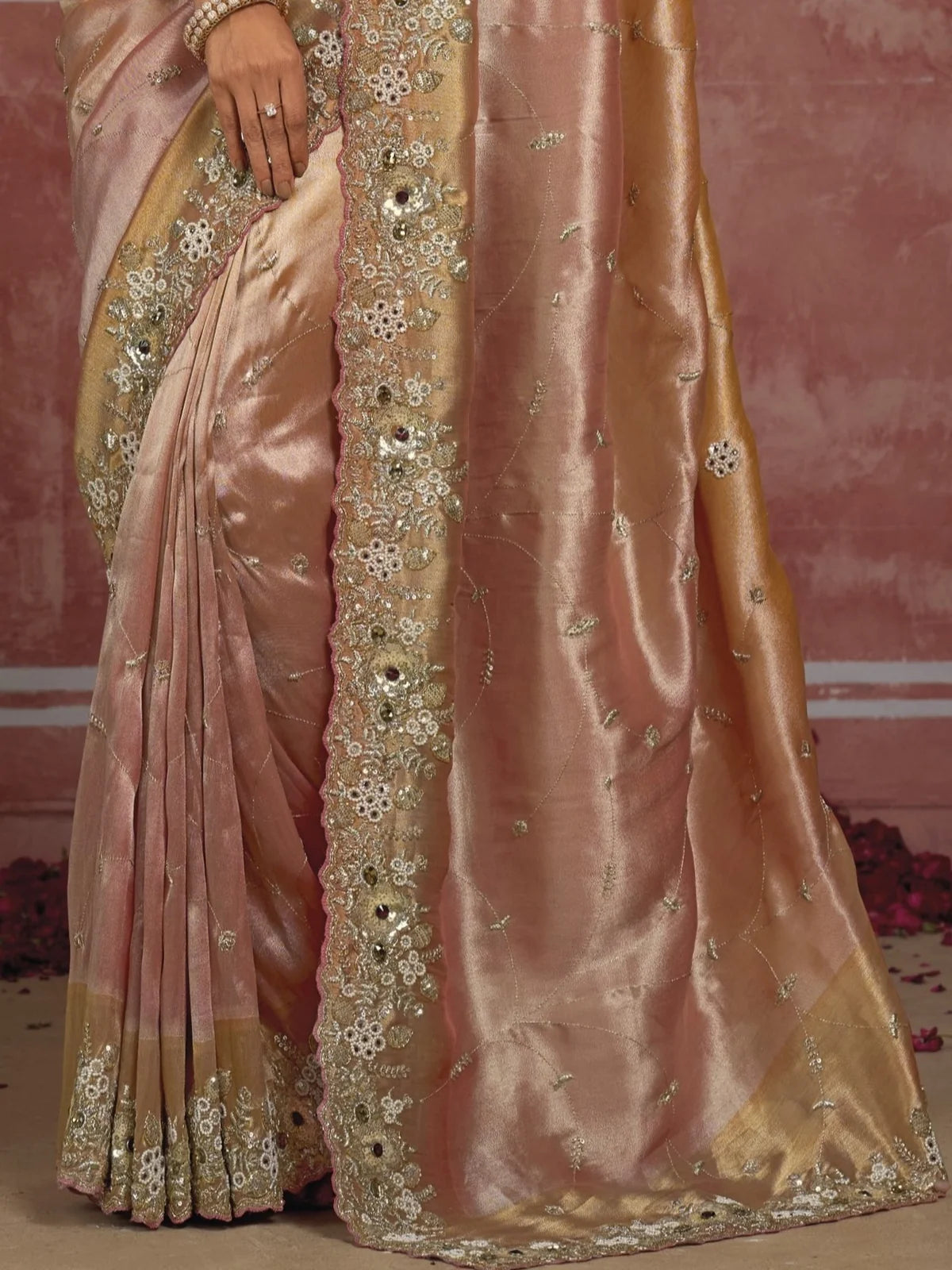 Tarani Pure Ziraf Silk peach saree pallu close view with zari cutdana moti and stone detailing