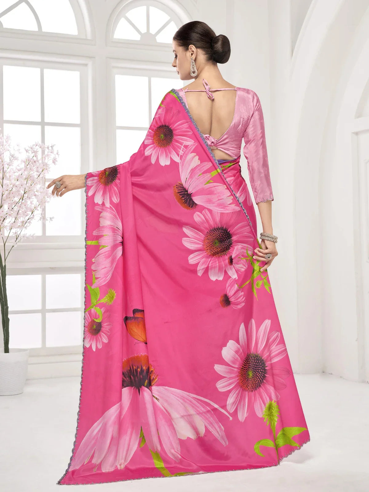 Back view of Tarani pink floral digital saree with matching blouse and elegant drape