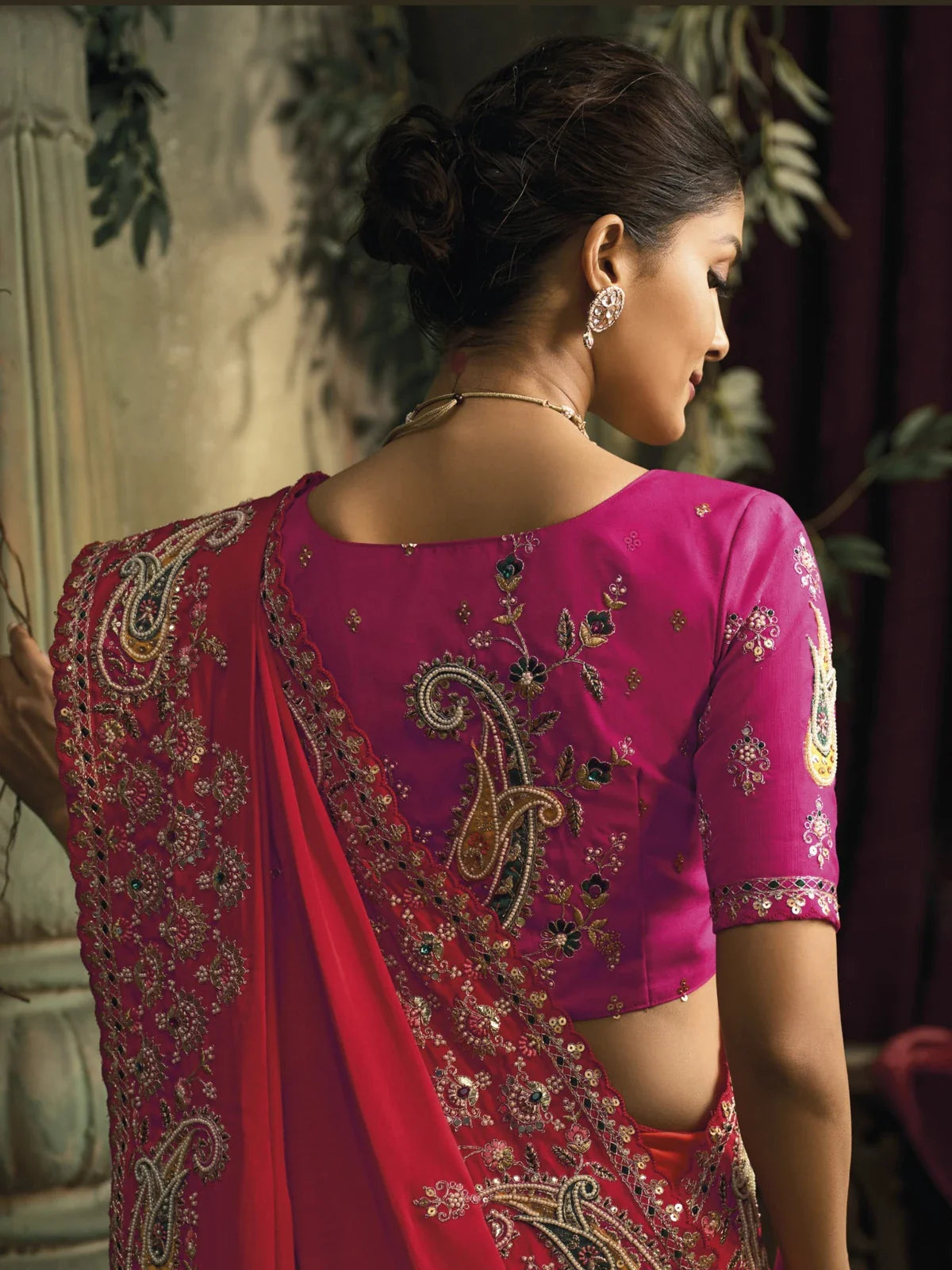 Tarani pink silk saree back blouse embroidery with detailed paisley work
