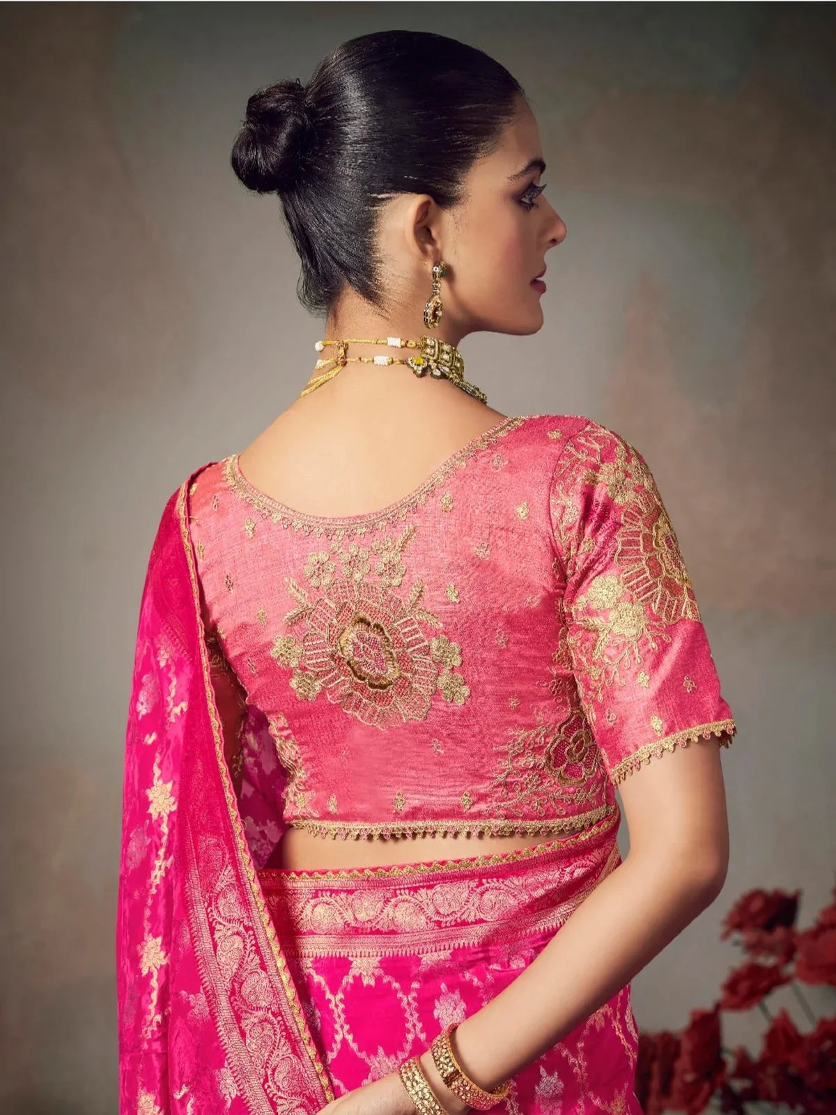 Tarani pink silk saree blouse back view with rich embroidery and elegant neckline