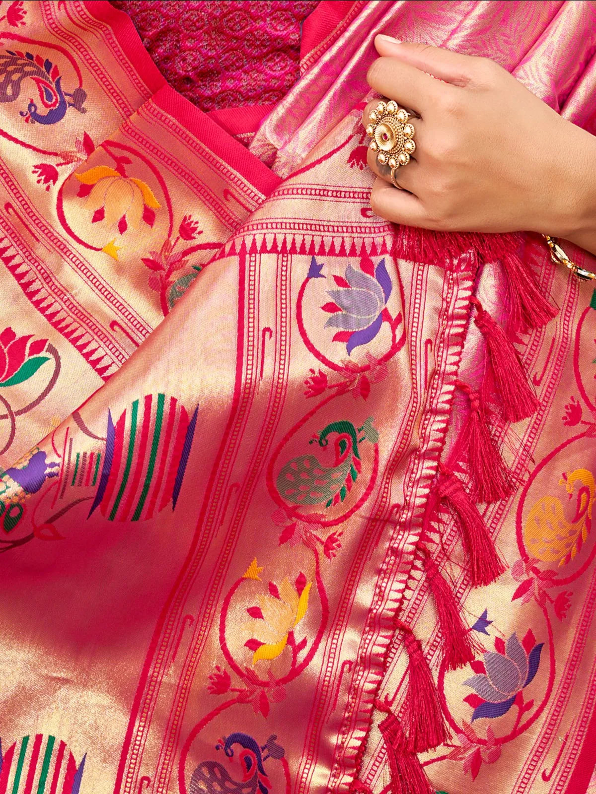 Tarani pink Kanjivaram silk saree closeup of Paithani woven motifs and tassels
