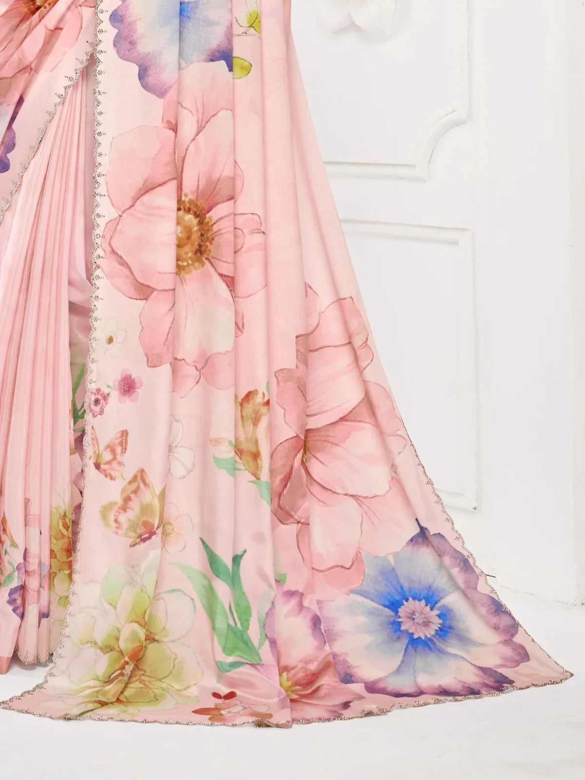 Tarani pink silk saree crystal embellished lace and pastel floral close-up