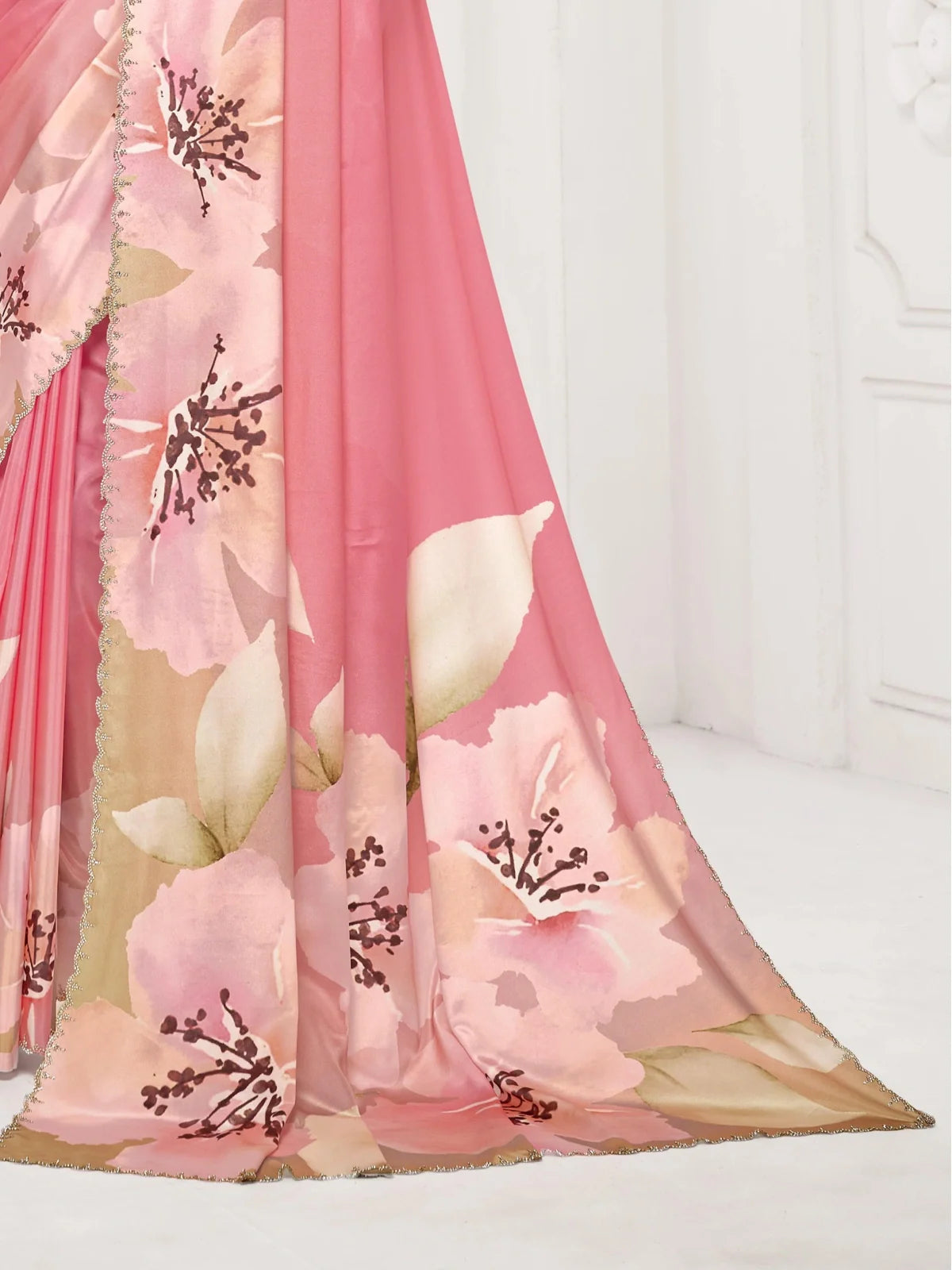 Tarani floral digital print pallu view in silk crape fabric with embellished crystal border