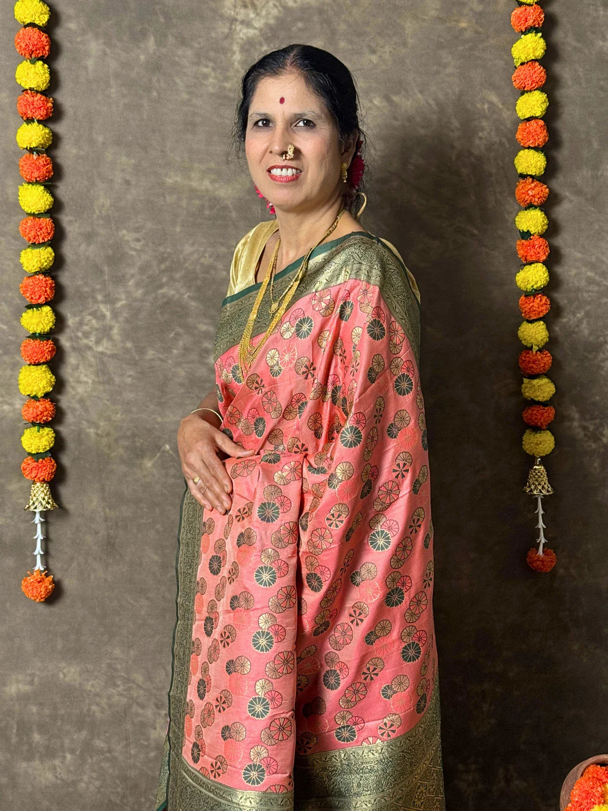 Tarani pink silk saree upper body view showing blouse and zari border