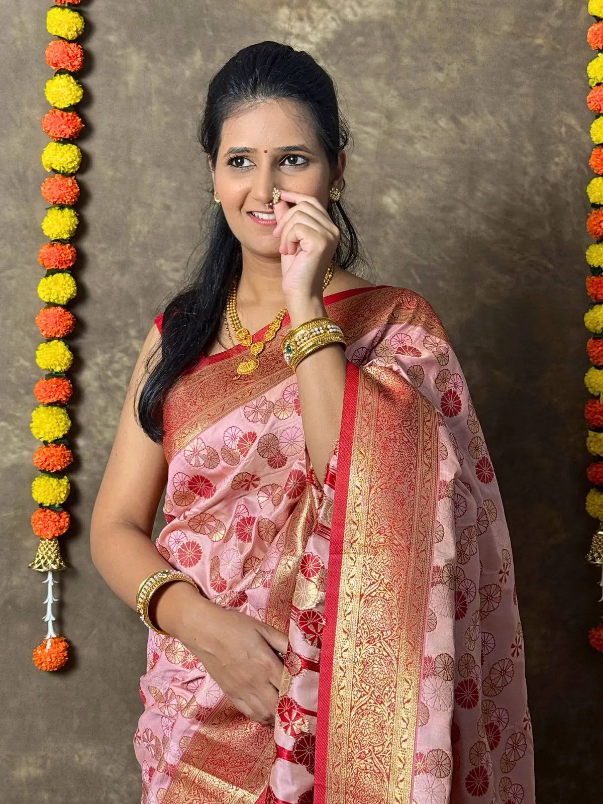Tarani pink silk saree upper body view showing blouse and woven border
