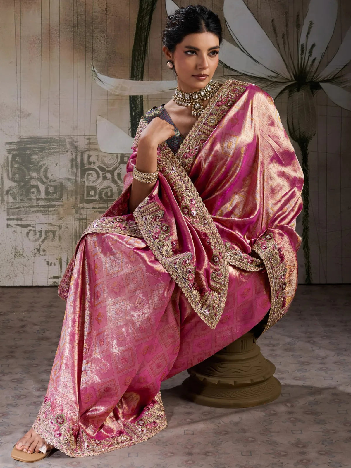 Tarani pink Banarasi jacquard silk saree with embroidered border and brocade blouse front-view