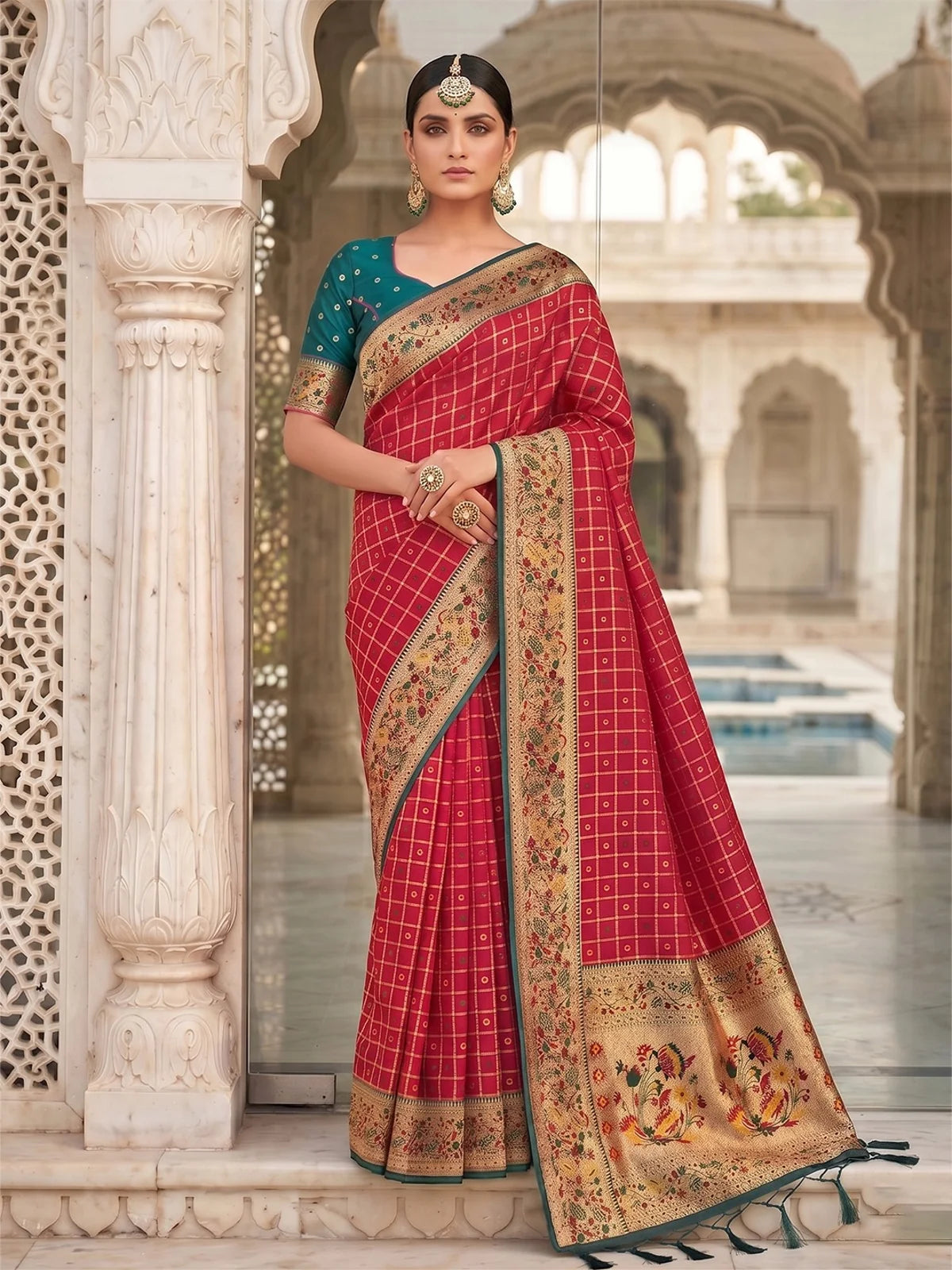 Tarani pink Banarasi silk saree with zari checks and floral border front view