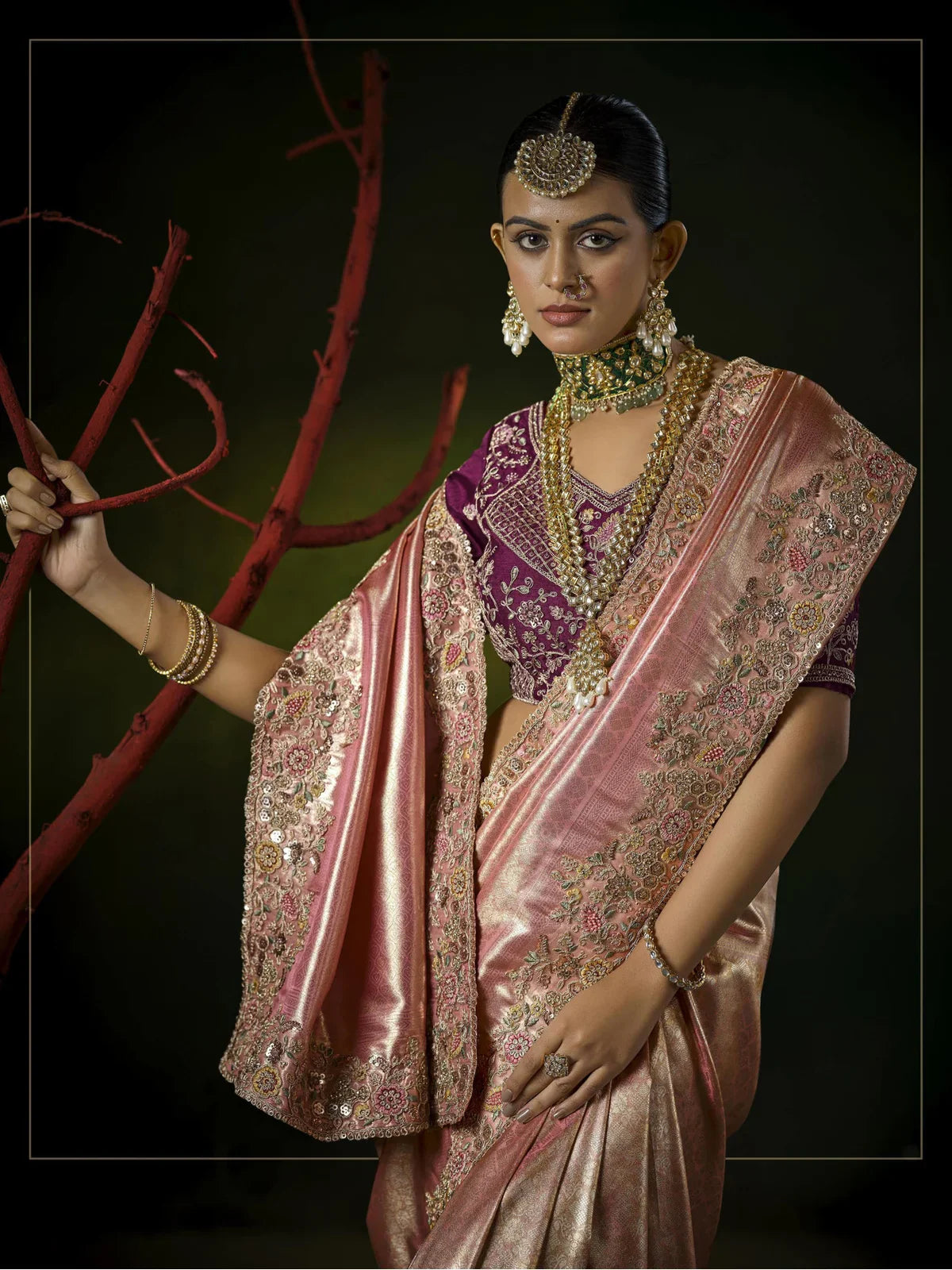 Tarani pink silk saree front pose Preeti with embellished border and maroon embroidered blouse wedding ready