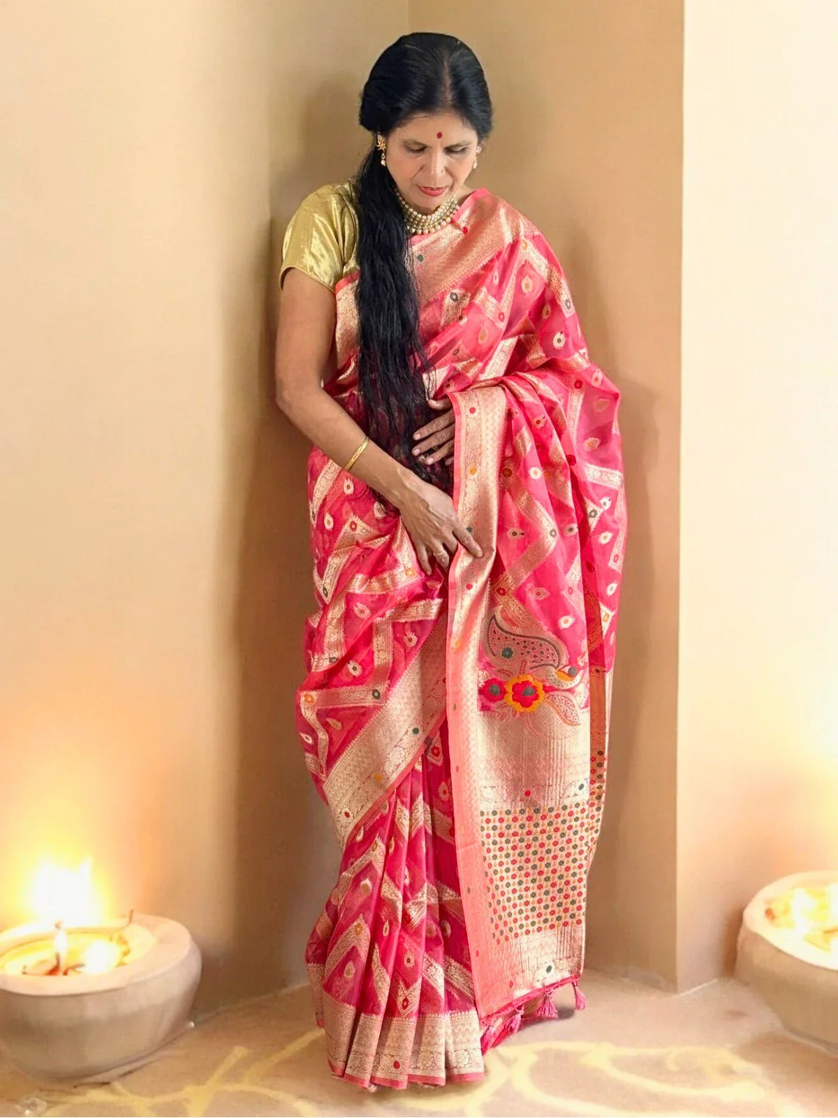 Tarani premium pink silk saree full view with woven golden zari border for festive wear