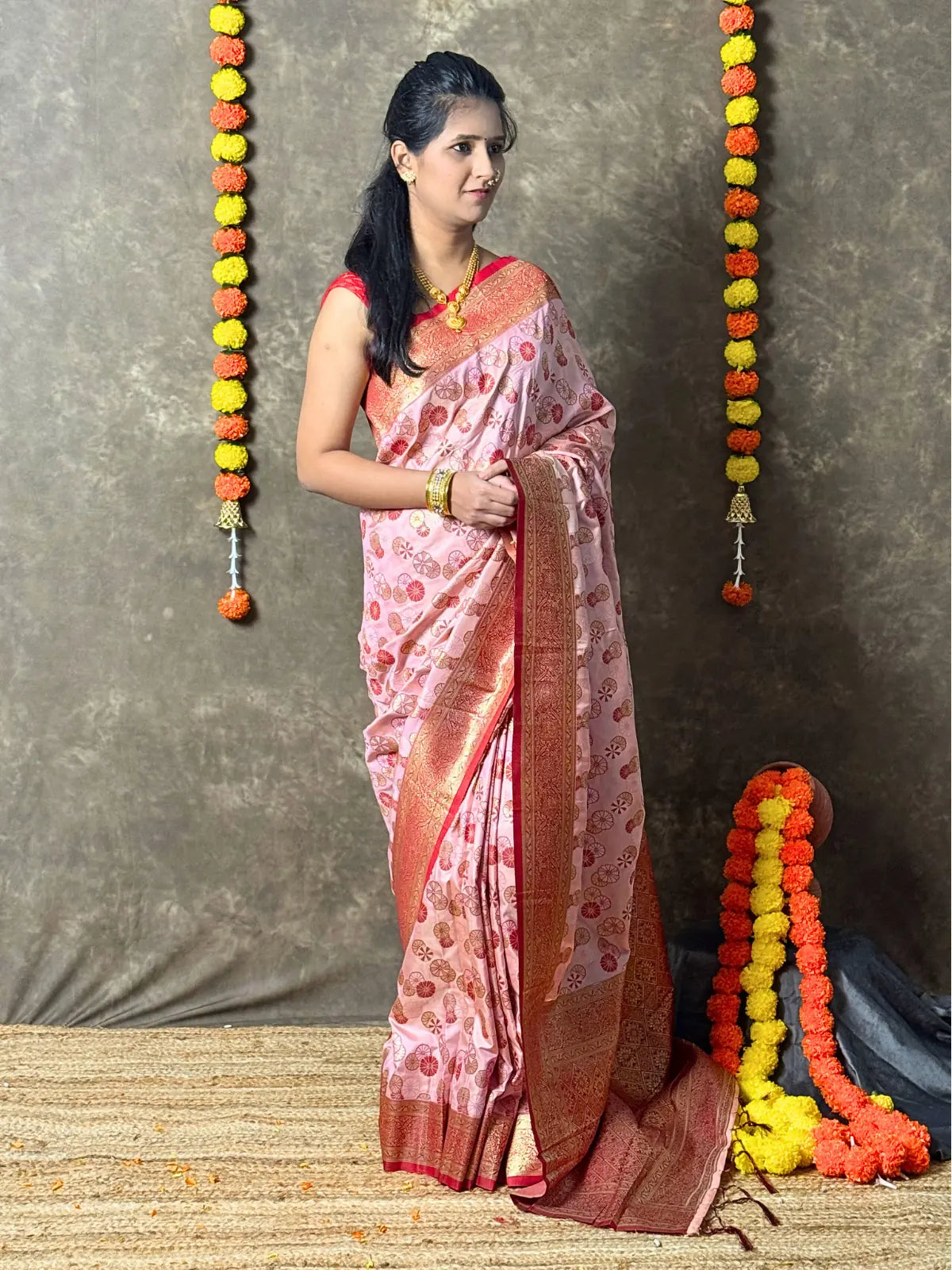 Tarani elegant pink silk saree full view with maroon border festive wear