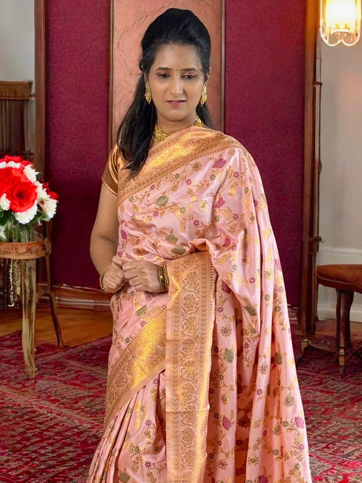 Tarani pink silk festive saree with golden zari blouse upper body view