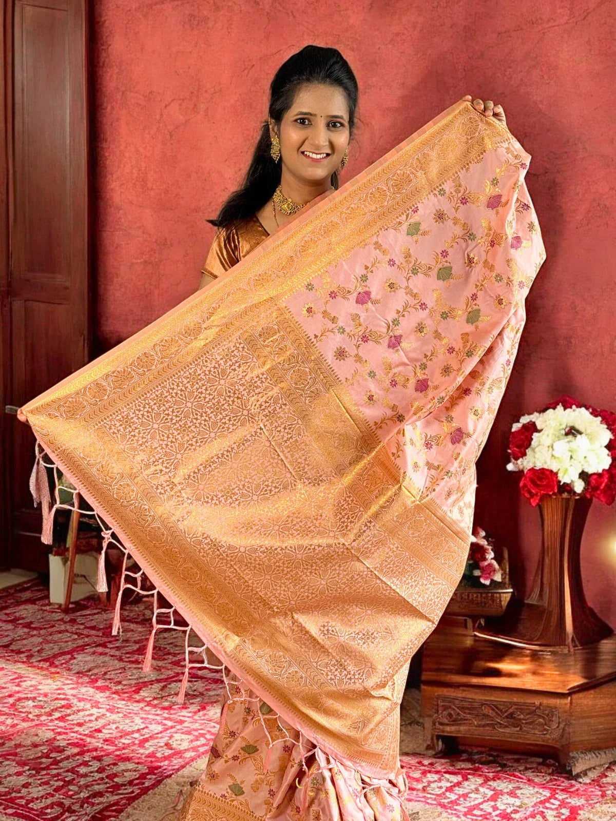 Tarani pink silk festive saree golden zari floral design pallu view
