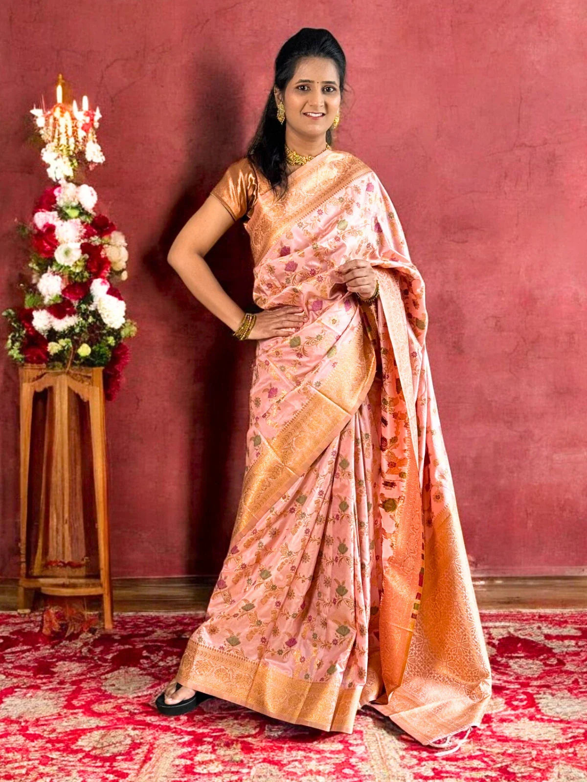 Tarani pink silk festive saree with zari border front pose
