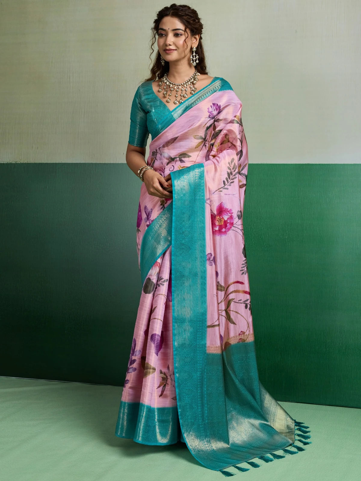 Tarani pink Pure Kanjivaram Tissue Silk saree full view with floral digital print and turquoise border