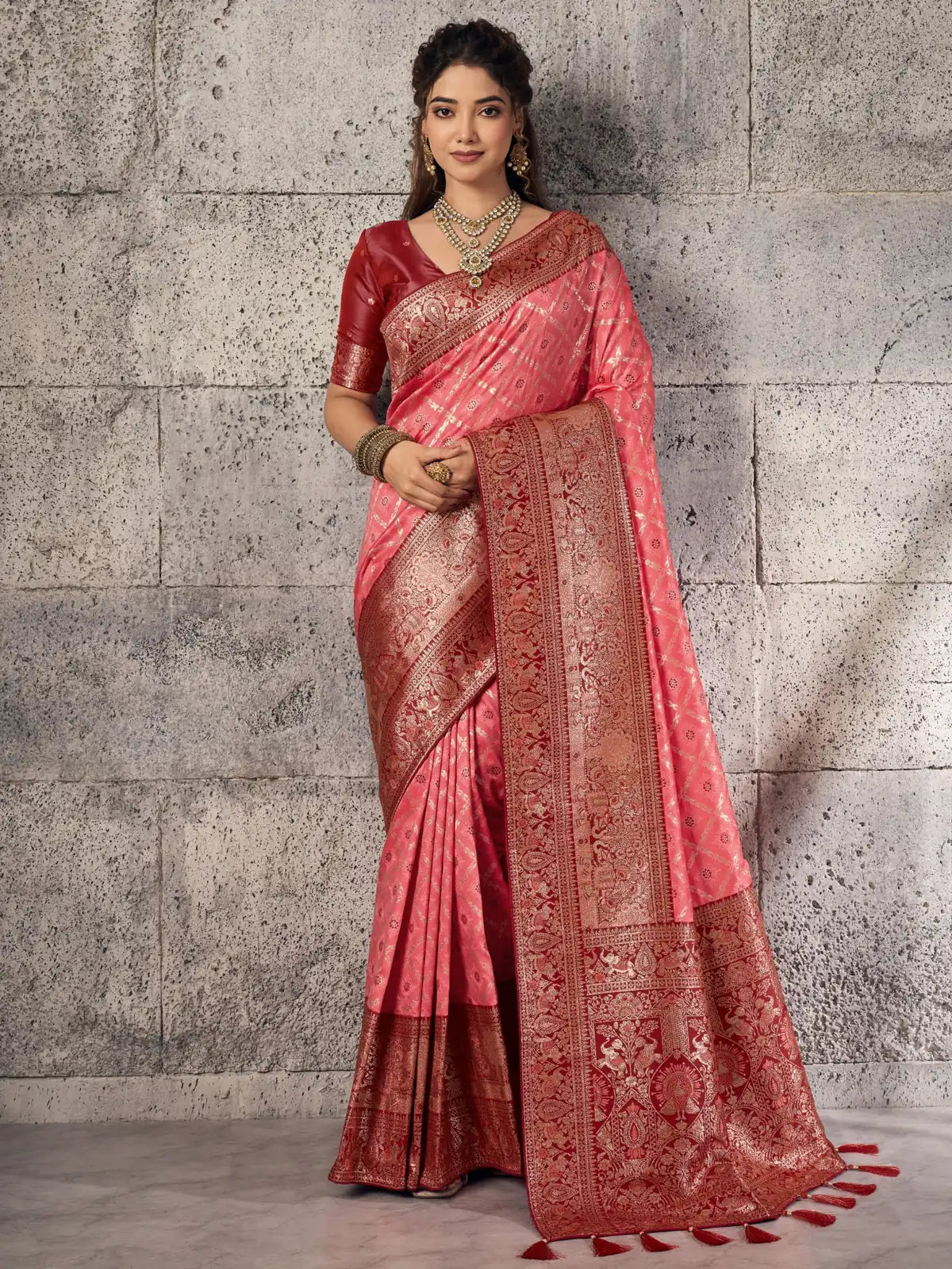 Tarani pink Banarasi silk saree full view with woven zari border and contrast blouse
