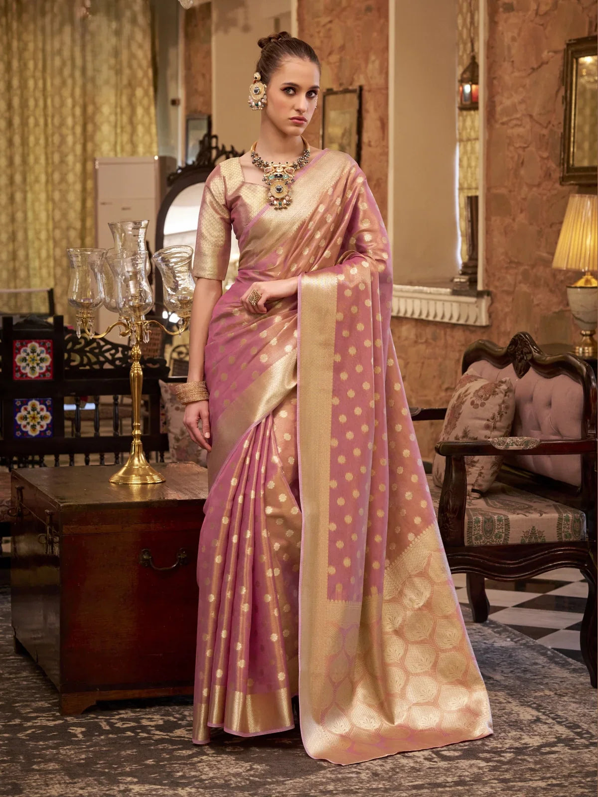 Tarani pink silk saree with gold zari dots and broad border full view for festive and party wear