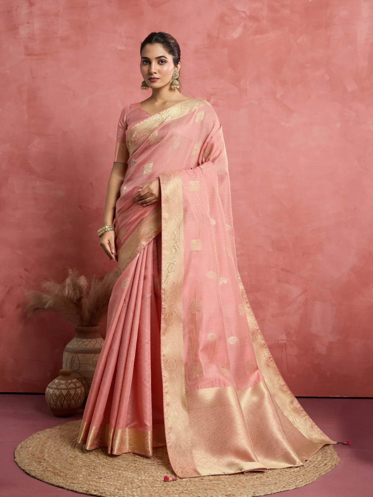 Tarani premium pink silk saree with woven patta dual butta and blouse for party wear