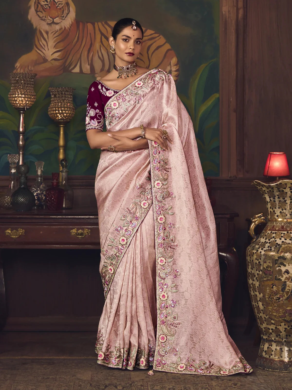 Tarani premium pink embroidered silk saree with heavy floral border for weddings and festive occasions