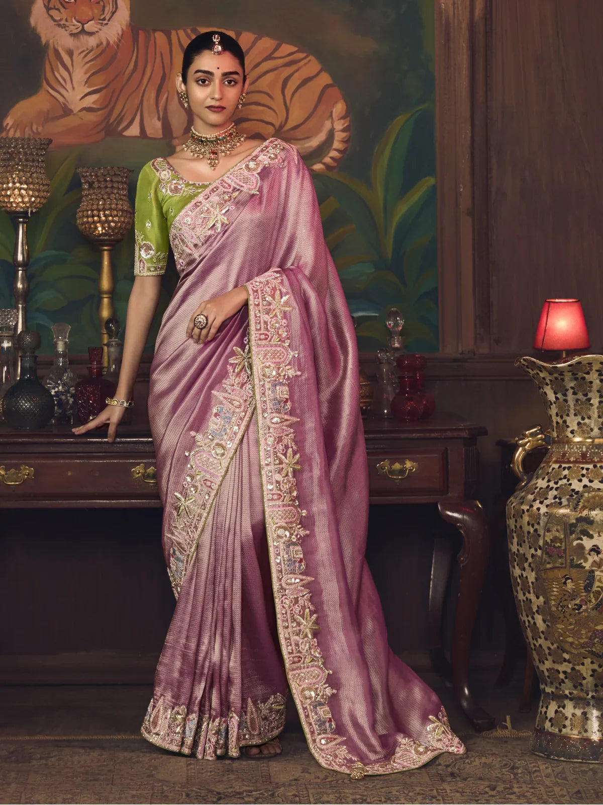 Tarani pink silk saree with heavy embroidery and green contrast blouse full view for wedding occasions