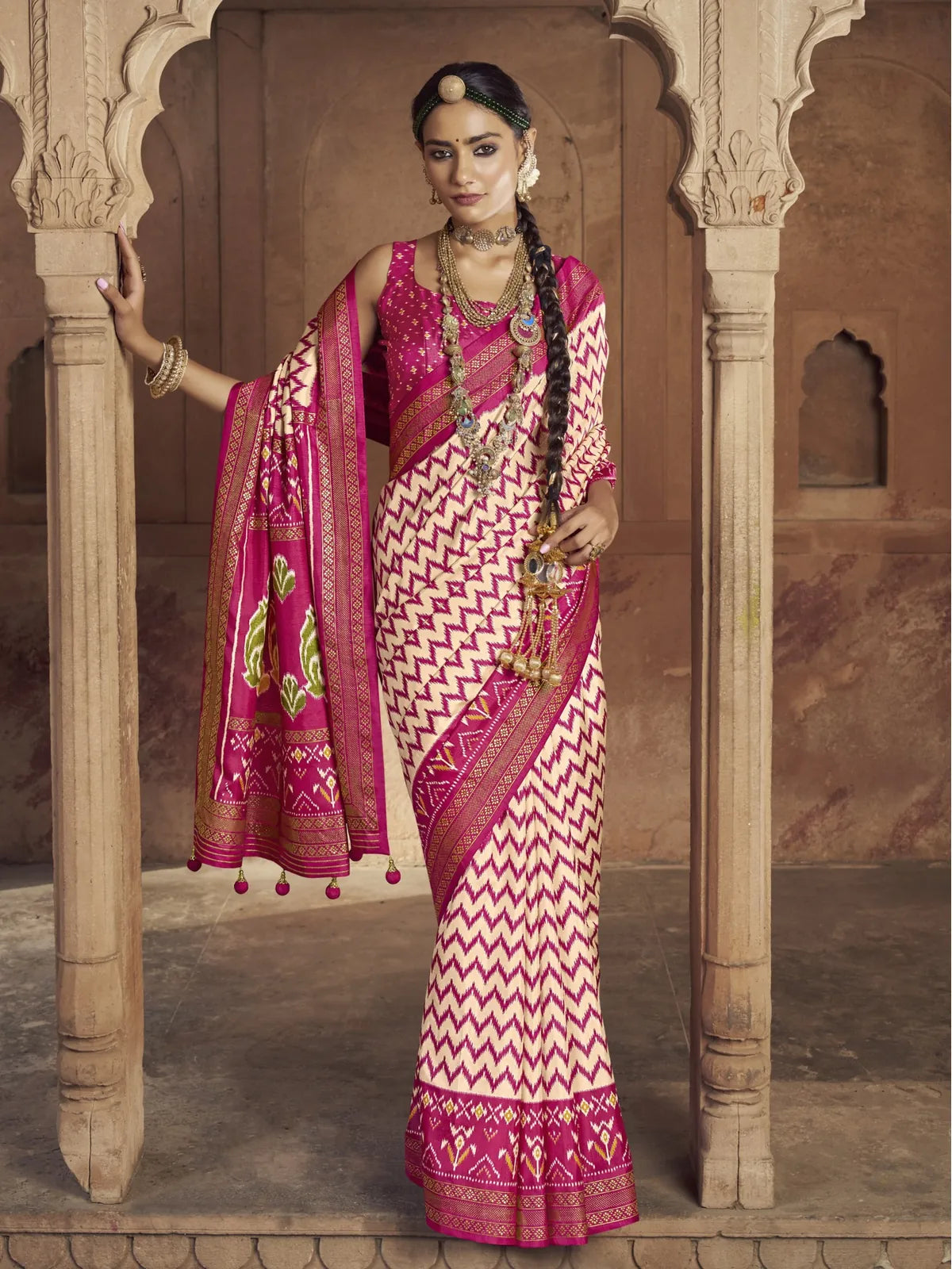 Tarani Mercerizer Sigma Silk pink patola saree with embroidery full view
