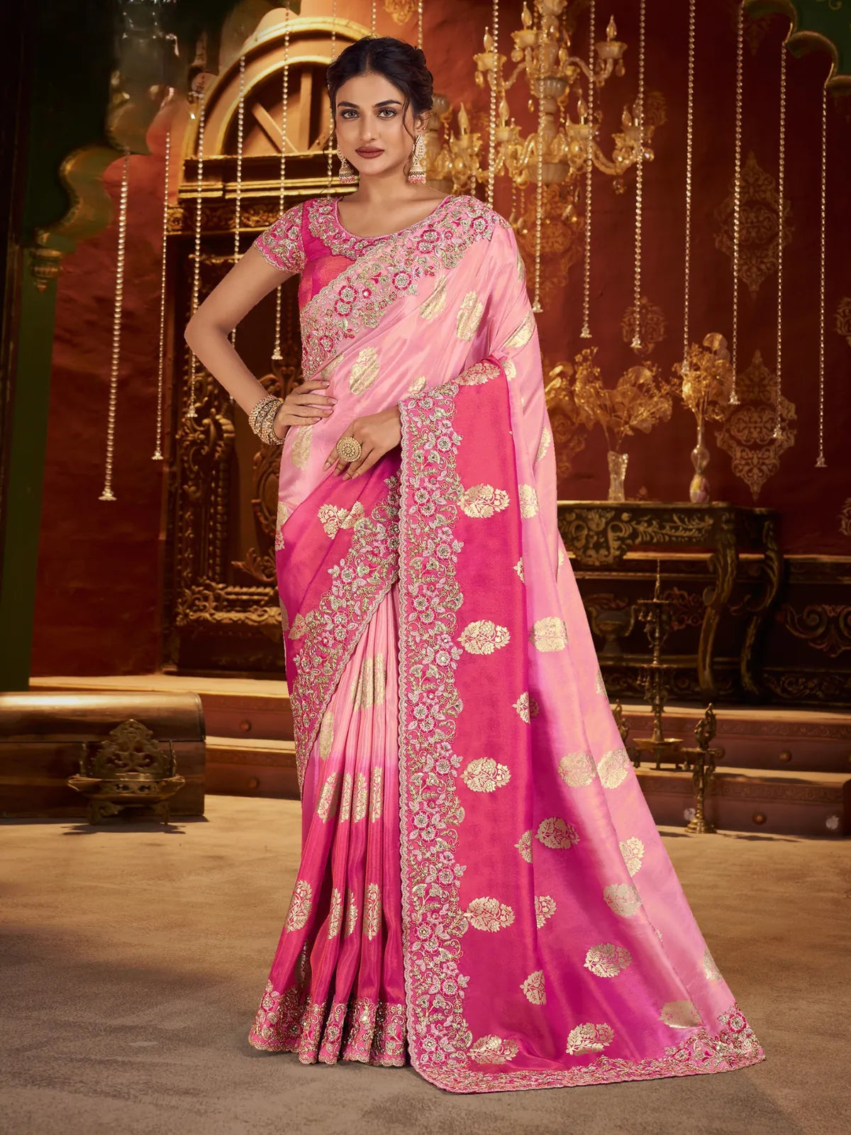 Tarani soft fancy pink silk saree full view with zari motifs and embroidered border