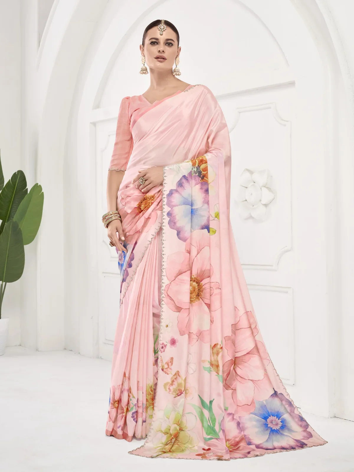 Tarani pink silk saree with floral digital print and Swarovski border full view