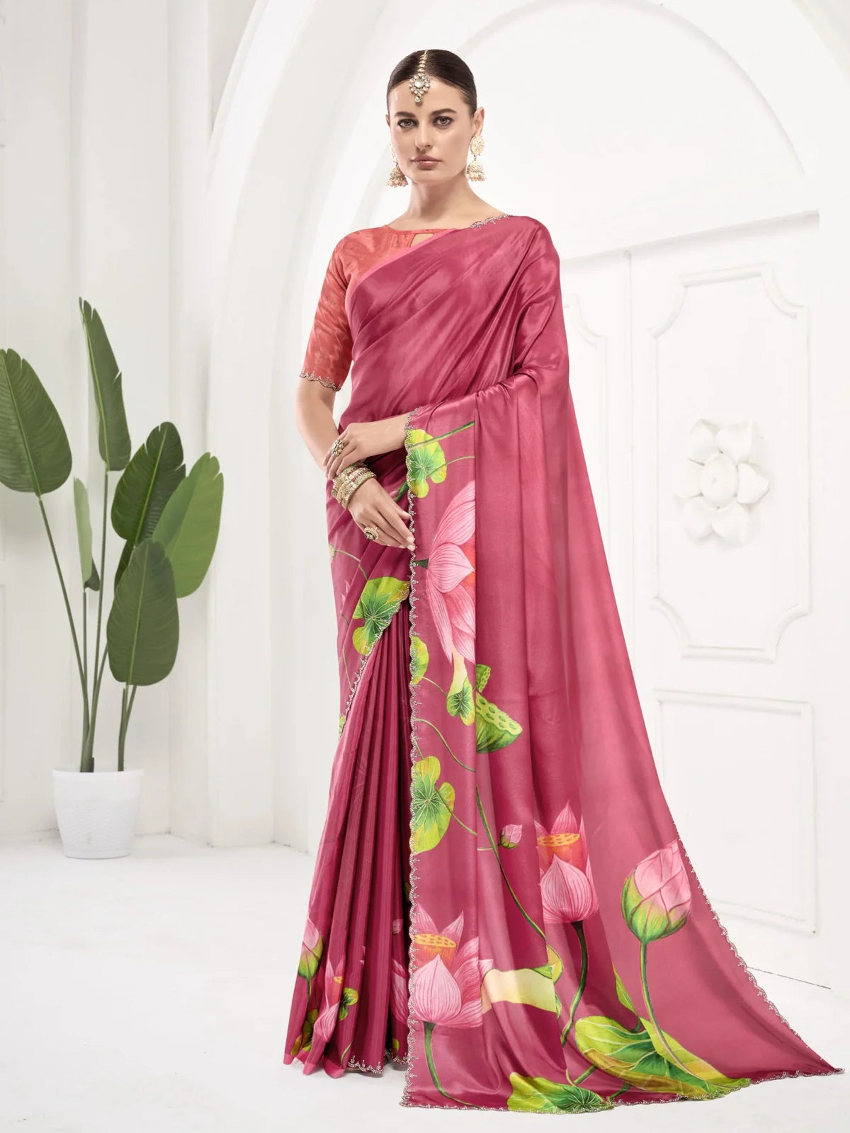 Tarani premium pink digital crape saree with floral design and Swarovski style border full view