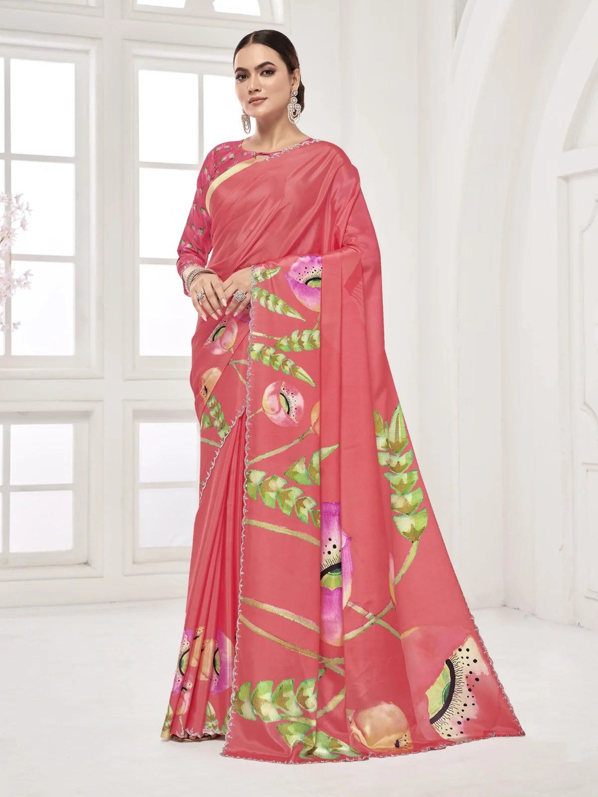 Tarani premium pink digital silk saree with floral pallu and Swarovski crystal embellished border