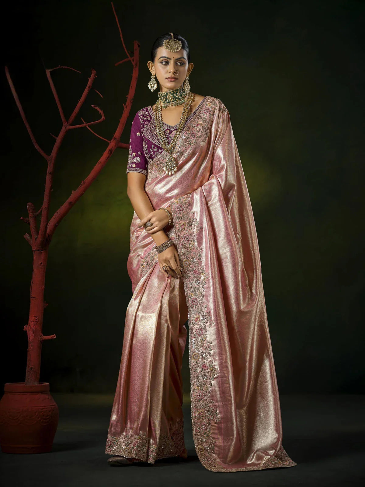 Tarani pink silk bridal saree full view with cutwork zarkan border and embroidered blouse Preeti